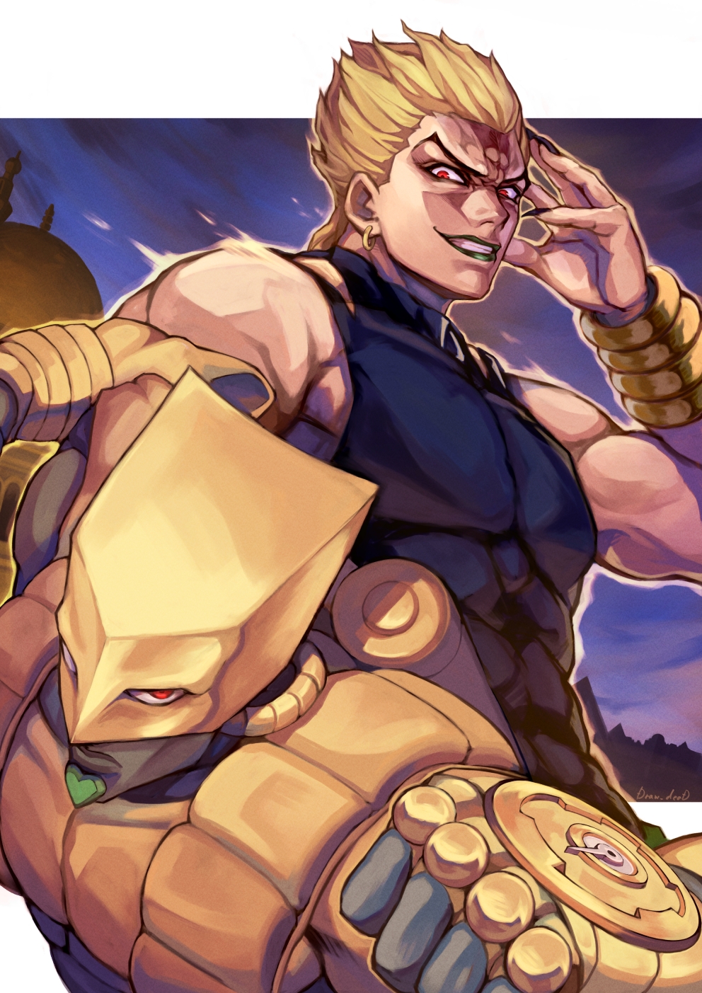 1boy artist_name black_nails black_shirt blonde_hair bracer clenched_hand closed_mouth dio_brando earrings evil_grin evil_smile fingernails green_lips grin hand_up highres jewelry jojo_no_kimyou_na_bouken lipstick long_fingernails looking_at_viewer makeup male_focus muscular muscular_male red_eyes sharp_fingernails shikabane_(draw_tadao14) shirt short_hair sleeveless sleeveless_shirt smile spiky_hair stand_(jojo) stardust_crusaders the_world upper_body v-shaped_eyebrows