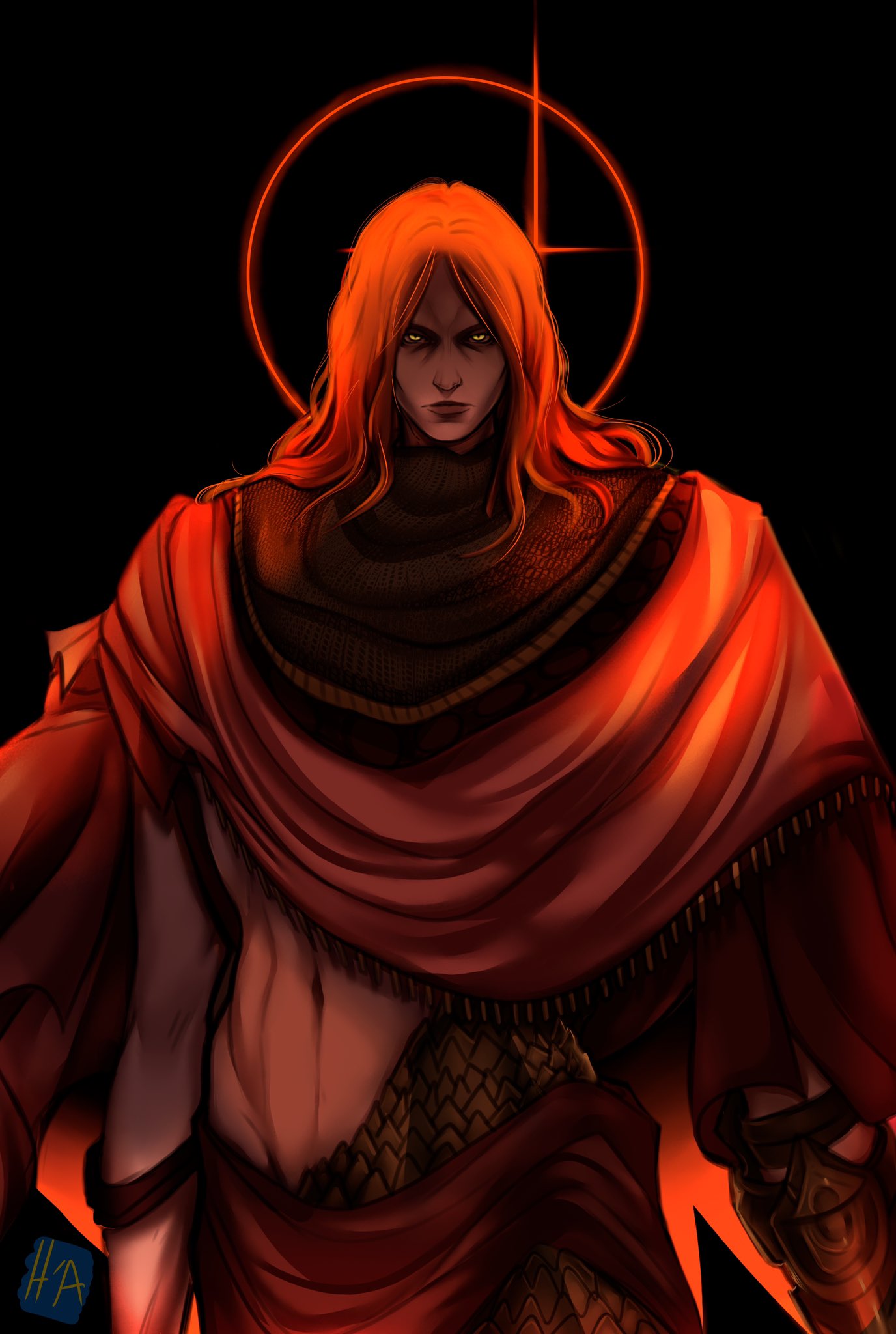 1boy armor black_background black_scales chainmail commentary elden_ring elden_ring:_shadow_of_the_erdtree english_commentary great_rune_(elden_ring) highres long_hair looking_at_viewer messmer_the_impaler midosakatrash midriff red_robe redhead robe rune scales signature simple_background single_vambrace slit_pupils solo vambraces yellow_eyes