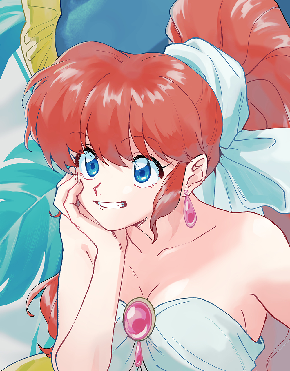 1girl blue_eyes breasts dress earrings happy highres jewelry nmnm_bbb official_alternate_costume plant ranma-chan ranma_1/2 redhead solo teeth white_dress