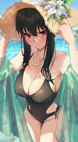 black_hair black_swimsuit breasts fringe hat_flower large_breasts long_hair looking_at_viewer one-piece_swimsuit spy_x_family swimsuit yor_briar