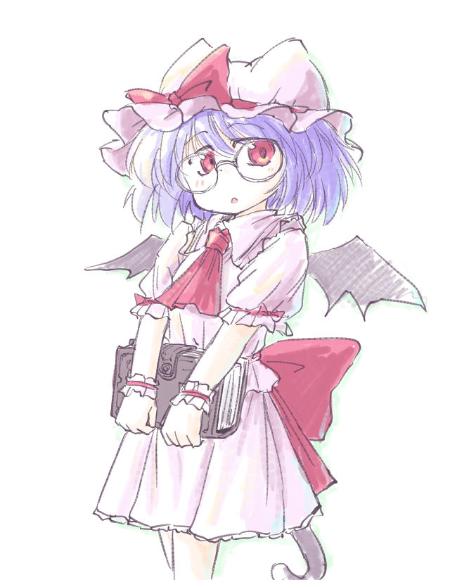 1girl animal_ears aokukou ascot back_bow bat_wings bespectacled blue_hair book bow cat_ears cat_tail collared_shirt cowboy_shot frilled_headwear frilled_sleeves frilled_wrist_cuffs frills glasses hair_between_eyes hat hat_bow holding holding_book looking_at_viewer medium_hair mob_cap open_mouth red_ascot red_bow red_eyes remilia_scarlet round_eyewear shirt short_sleeves simple_background skirt skirt_set sleeve_ribbon solo tail touhou white_background white_headwear white_skirt wings wrist_cuffs