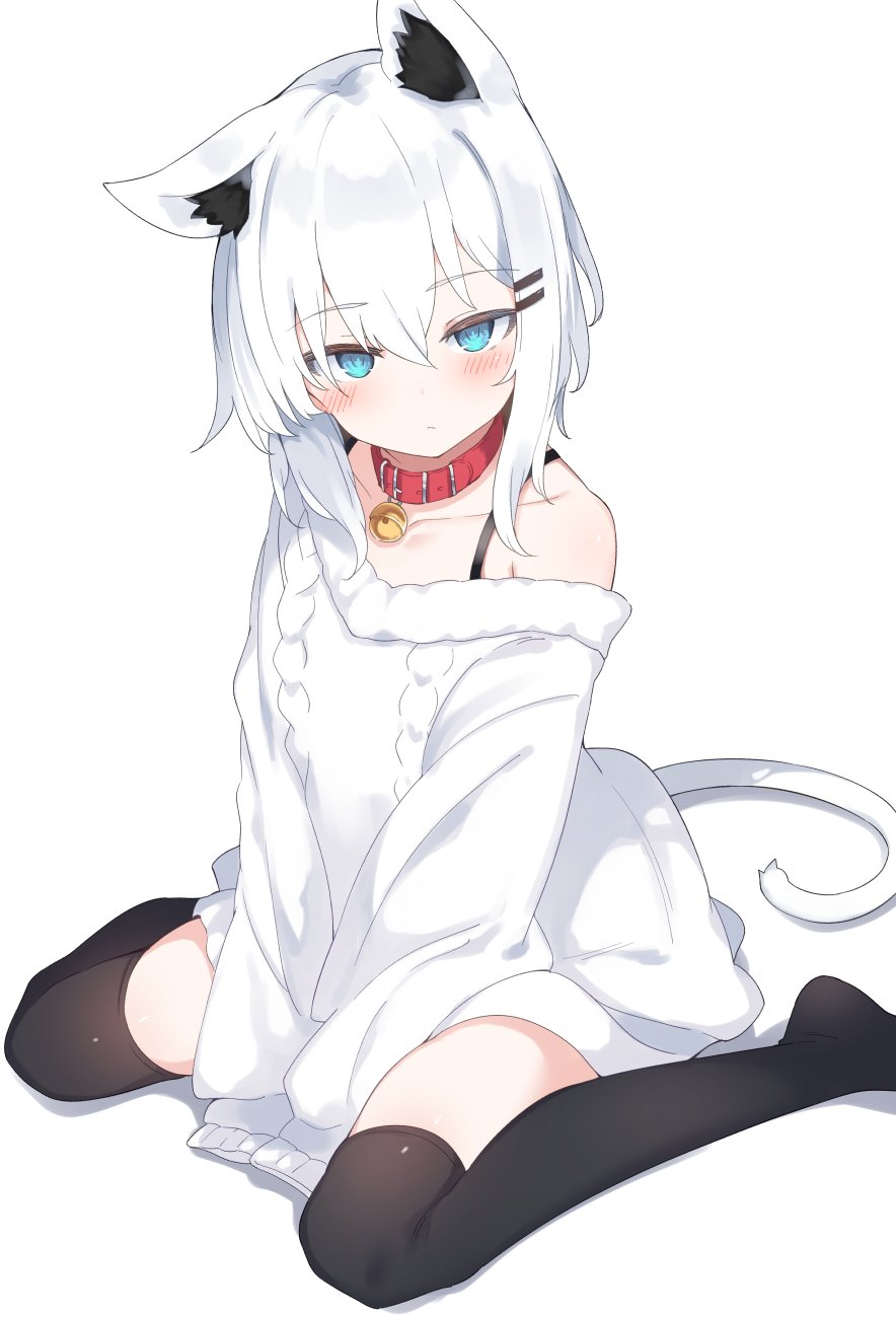 1girl animal_ears bell between_legs black_thighhighs blue_eyes cat_ears cat_girl cat_tail collar dress expressionless hand_between_legs highres long_sleeves looking_at_viewer neck_bell no_pants off_shoulder original otokuyou oversized_clothes ringo-chan_(otokuyou) simple_background sitting sleeves_past_fingers sleeves_past_wrists sweater sweater_dress tail thigh-highs wariza white_background white_hair white_sweater