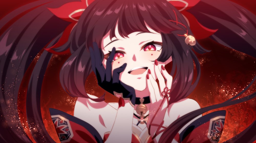 1girl :d bare_shoulders bell black_choker black_gloves bow choker collarbone commentary floating_hair gloves hair_bow hands_on_own_cheeks hands_on_own_face head_tilt honkai:_star_rail honkai_(series) long_bangs long_hair looking_at_viewer nail_polish neck_bell open_mouth pochi-a portrait red_bow red_eyes red_nails single_glove smile solo sparkle_(honkai:_star_rail) twintails