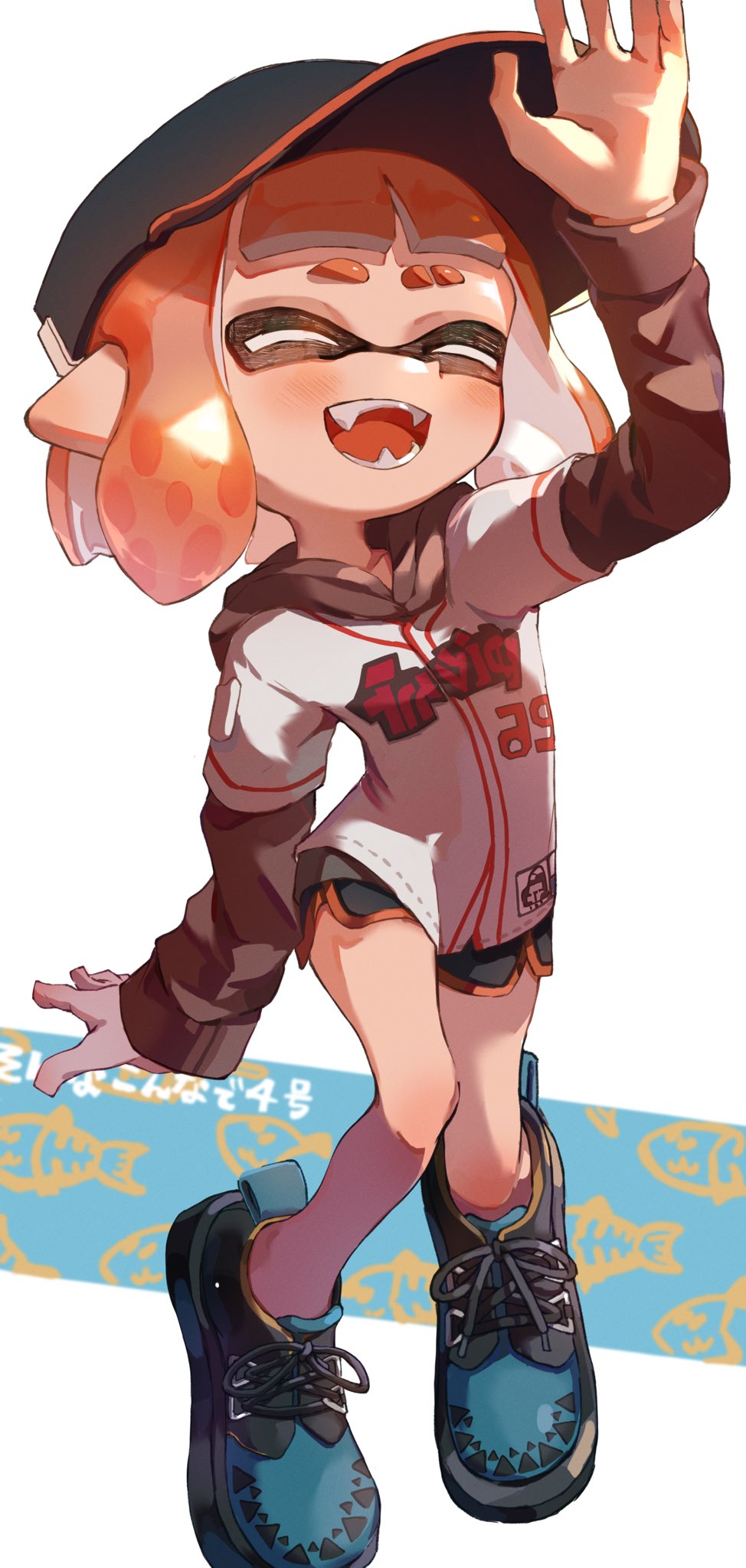 1girl baseball_cap black_footwear black_headwear black_shorts blue_footwear closed_eyes commentary_request cross-laced_footwear dolphin_shorts eyebrow_cut full_body hat highres inkling inkling_girl inkling_player_character medium_hair open_mouth orange_hair orange_trim pointy_ears shoes short_shorts shorts simple_background sleeves_past_wrists smile solo splashtag_(splatoon) splatoon_(series) splatoon_3 standing teeth tentacle_hair two-tone_footwear white_background yksb_inc6