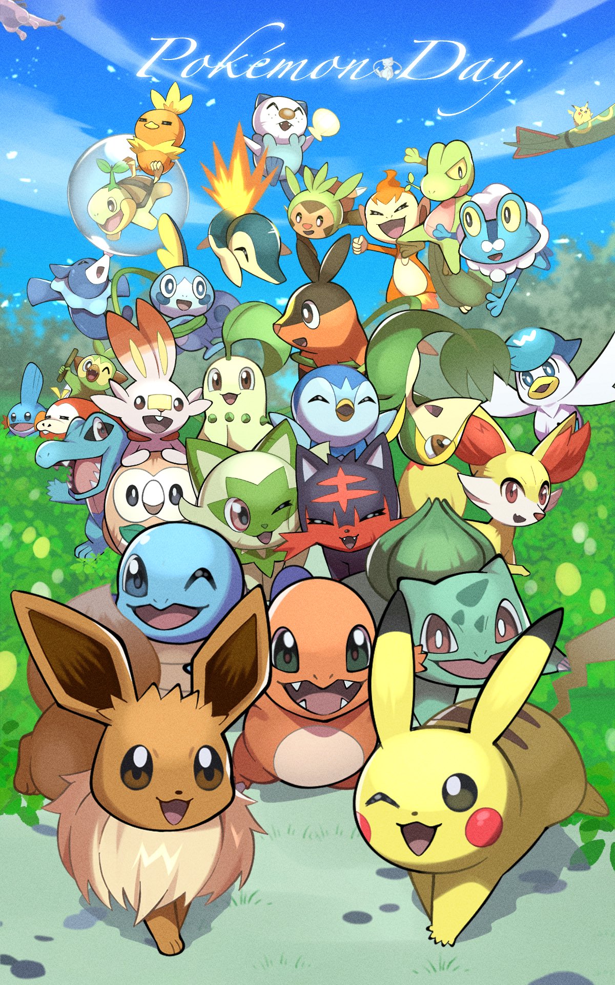 :d animal_focus bird black_eyes black_fur blue_skin blue_sky blurry blurry_background bow bowtie bright_pupils brown_fur bulbasaur cat charmander chespin chikorita chimchar closed_eyes clouds colored_skin commentary_request copyright_name crocodilian cyndaquil eevee fennekin flying fox froakie fuecoco grass green_bow green_bowtie green_fur green_skin grookey highres inana_umi litten looking_at_viewer lugia monkey mudkip no_humans one_eye_closed open_mouth orange_eyes oshawott outdoors owl penguin pikachu piplup pokemon pokemon_(creature) popplio quaxly rabbit rayquaza red_eyes rowlet scorbunny sharp_teeth sky smile snivy sobble sprigatito squirtle tail teeth tepig torchic totodile treecko turtwig white_pupils yellow_skin