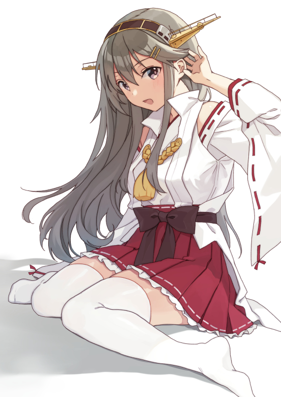 1girl bare_shoulders black_hair blush brown_eyes detached_sleeves frilled_skirt frills hair_ornament hairband hairclip haruna_(kancolle) haruna_kai_ni_(kancolle) headgear japanese_clothes kantai_collection long_hair looking_at_viewer mitsuyo_(mituyo324) nontraditional_miko open_mouth pleated_skirt red_skirt ribbon-trimmed_sleeves ribbon_trim simple_background sitting skirt solo thigh-highs wariza white_background white_sleeves white_thighhighs wide_sleeves