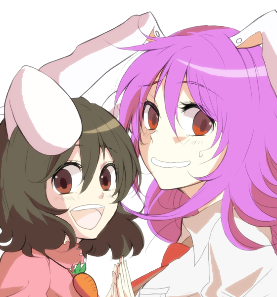 2girls 309_(brazing-star) animal_ears black_hair breast_pocket brown_eyes carrot_necklace collared_shirt floating_hair floppy_ears from_side holding_hands inaba_tewi jewelry long_hair medium_hair multiple_girls necklace necktie nervous_smile open_mouth pink_shirt pocket purple_hair rabbit_ears raised_eyebrow red_eyes red_necktie reisen_udongein_inaba shirt smile sweat teeth touhou upper_body upper_teeth_only wavy_mouth white_background white_hair