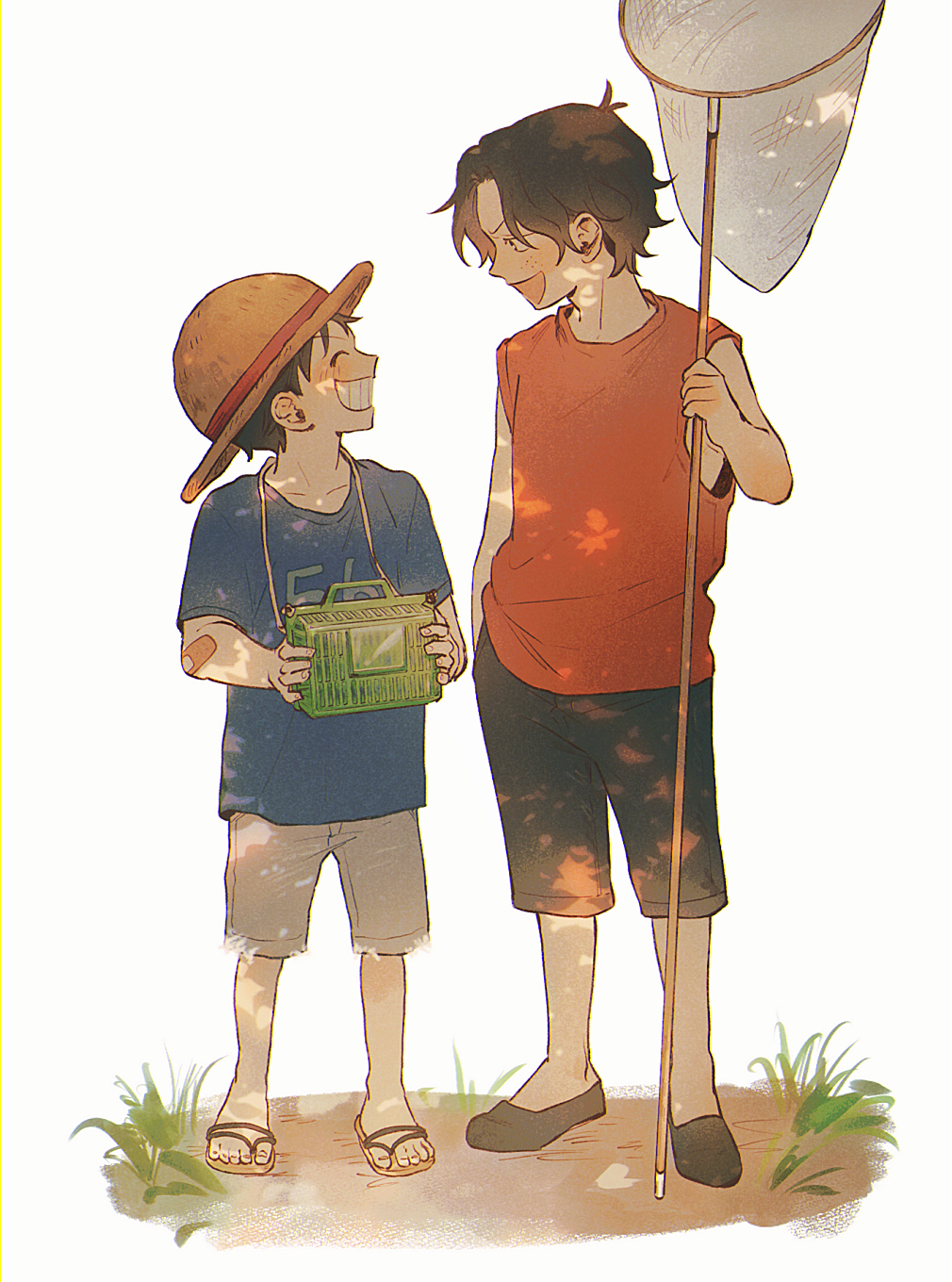 2boys black_hair blue_shirt child commentary_request full_body hat highres holding kamome_(penguin_n) looking_at_another male_focus monkey_d._luffy multiple_boys one_piece plant portgas_d._ace red_shirt sandals shirt short_hair simple_background straw_hat white_background