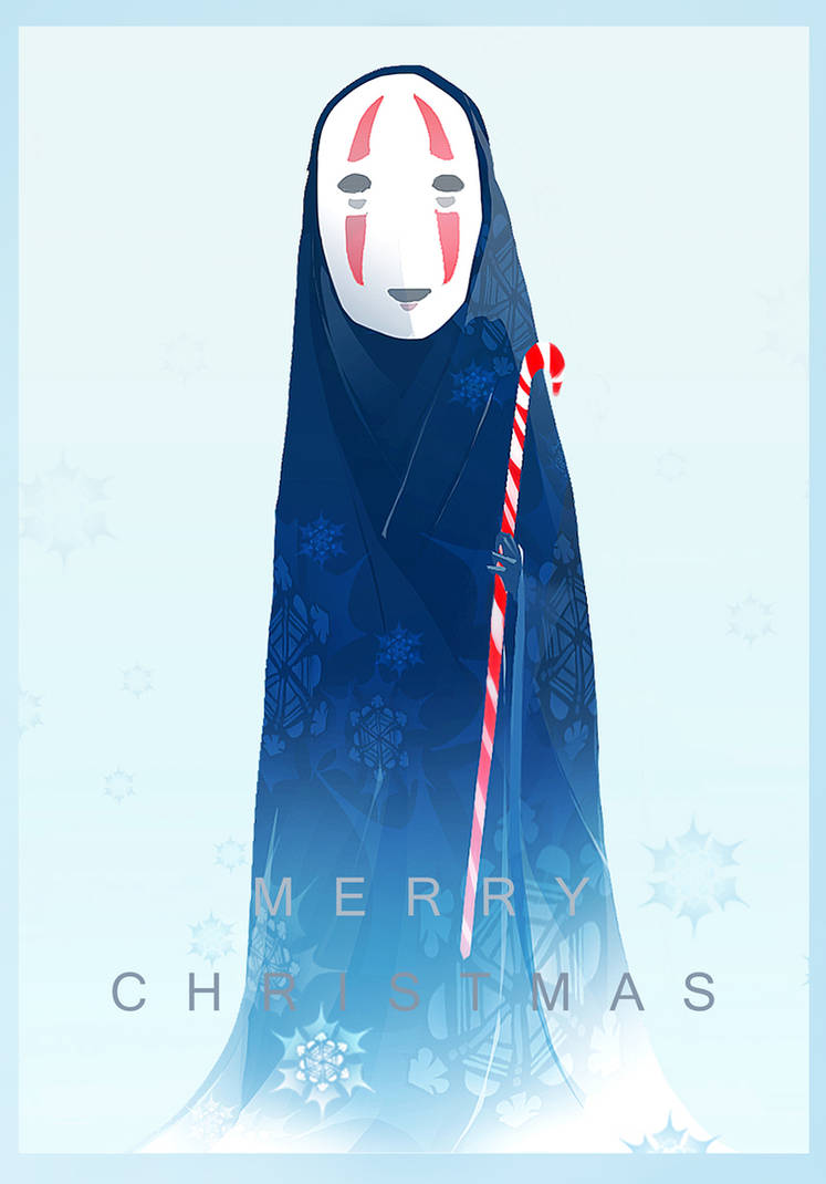 blue_border border candy candy_cane english_commentary food gokupo101 holding holding_candy holding_candy_cane holding_food kaonashi light_blue_background looking_at_viewer mask merry_christmas no_humans non-web_source sen_to_chihiro_no_kamikakushi smile snowflakes