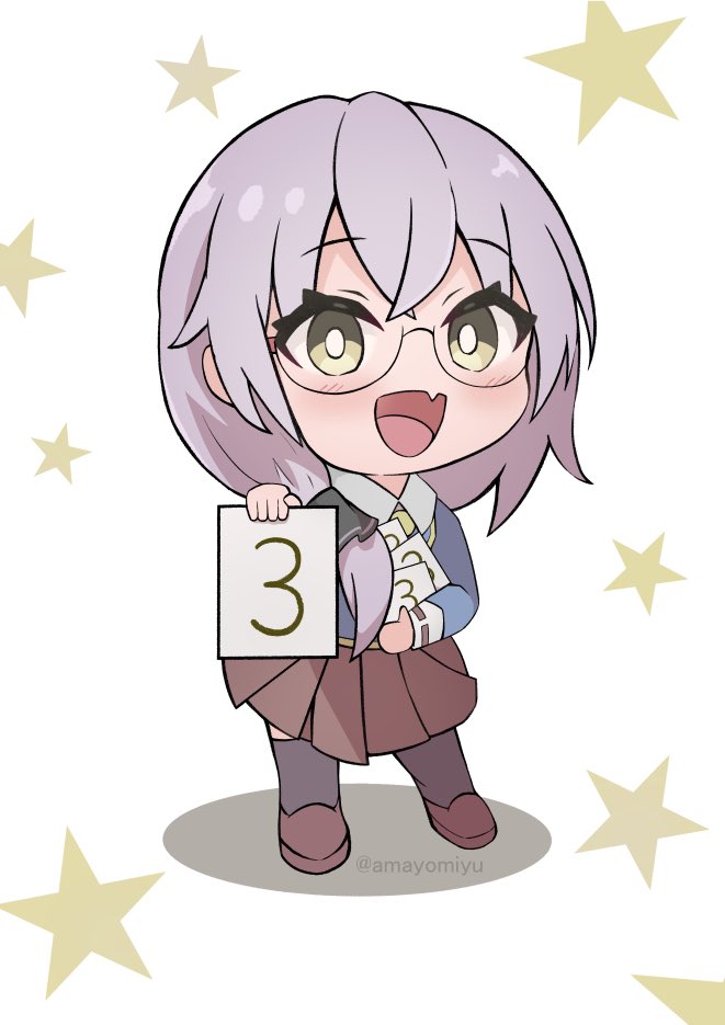 1girl :d amayomiyu blue_jacket blush bright_pupils brown_skirt chibi commentary_request countdown_illustration eyes_visible_through_hair fang glasses green_eyes grey_hair hair_between_eyes heaven_burns_red holding holding_paper izumi_yuki_(heaven_burns_red) jacket long_hair long_sleeves looking_at_viewer low_side_ponytail miniskirt open_mouth paper pleated_skirt round_eyewear school_uniform simple_background skin_fang skirt smile solo standing star_(symbol) twitter_username white_background white_pupils
