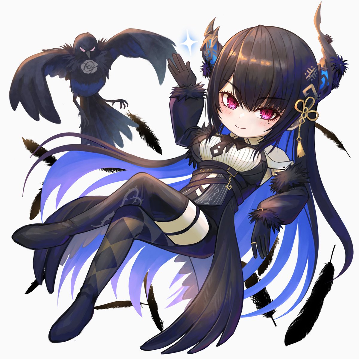 1girl asymmetrical_horns bird black_cape black_gloves black_hair black_thighhighs black_wings blue_hair cape colored_inner_hair crossed_legs crow demon_horns feathered_wings feathers fur-trimmed_sleeves fur_trim gloves highres hololive hololive_english horns long_hair looking_at_viewer mole mole_under_eye multicolored_hair nerissa_ravencroft nerissa_ravencroft_(1st_costume) red_eyes ruraji shadow_(nerissa_ravencroft) shirt smile thigh-highs thigh_strap very_long_hair virtual_youtuber white_background white_shirt wings