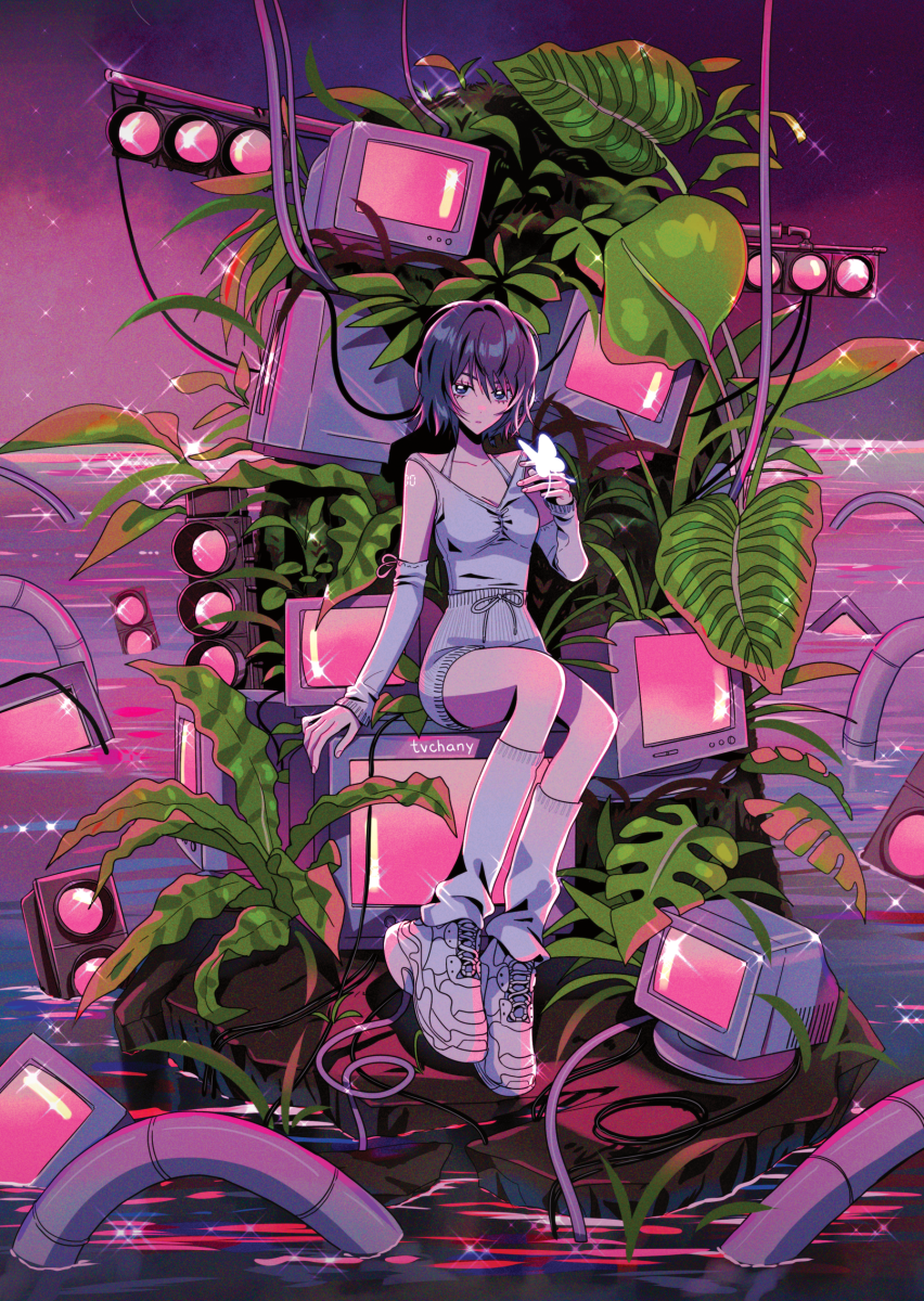 1girl artist_name bug butterfly cable detached_sleeves expressionless foliage full_body glowing_butterfly highres leaf looking_at_viewer loose_socks monitor myon_(tokipi) original pink_sky plant potted_plant purple_hair purple_sky shoes short_hair sitting sky sneakers socks solo sparkle television traffic_light violet_eyes water wire