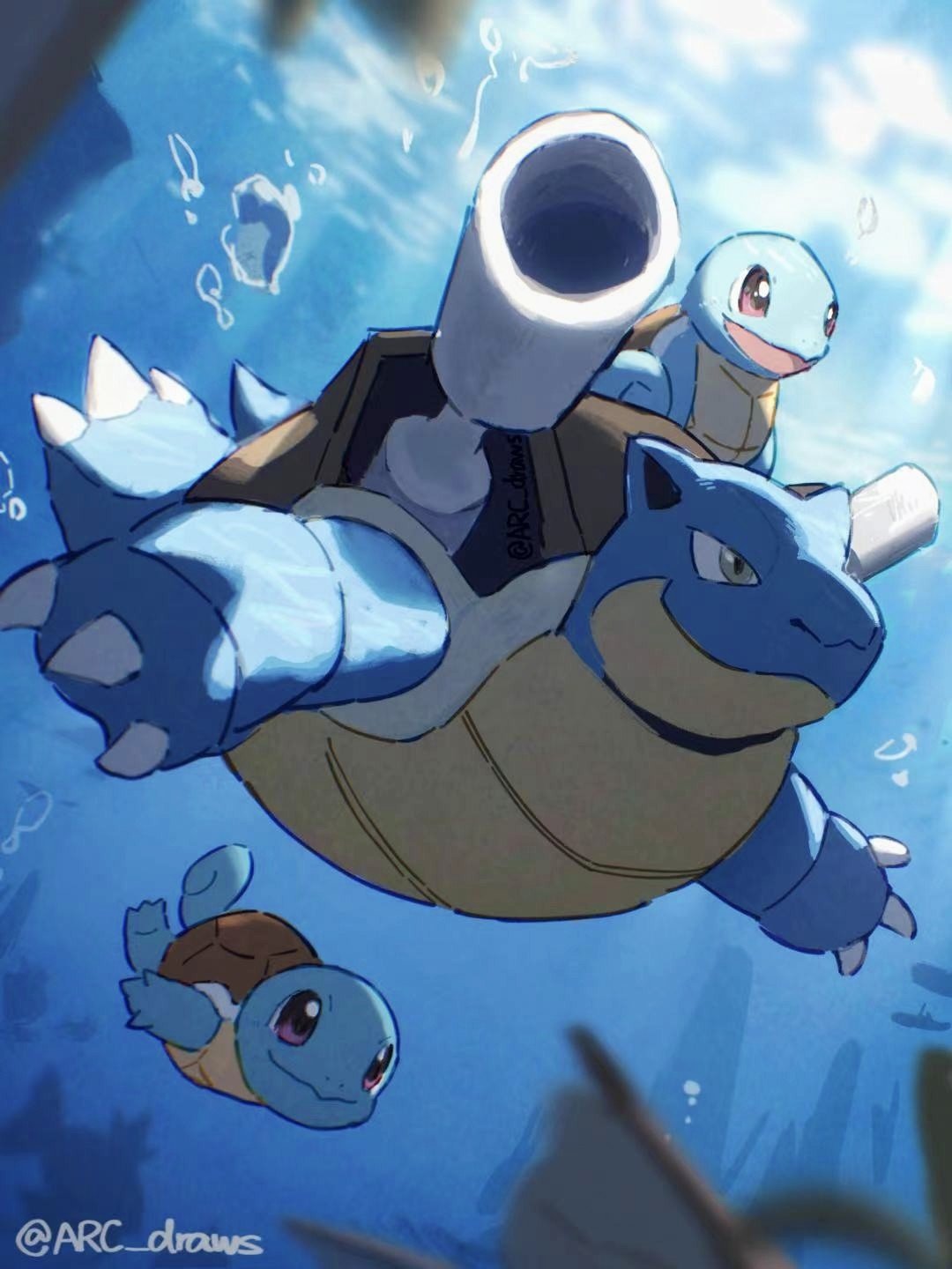 air_bubble animal_focus arc_draws blastoise bubble caustics claws closed_mouth commentary english_commentary green_eyes highres looking_ahead magikarp no_humans open_mouth pokemon pokemon_(creature) red_eyes shoulder_cannon smile squirtle swimming twitter_username underwater