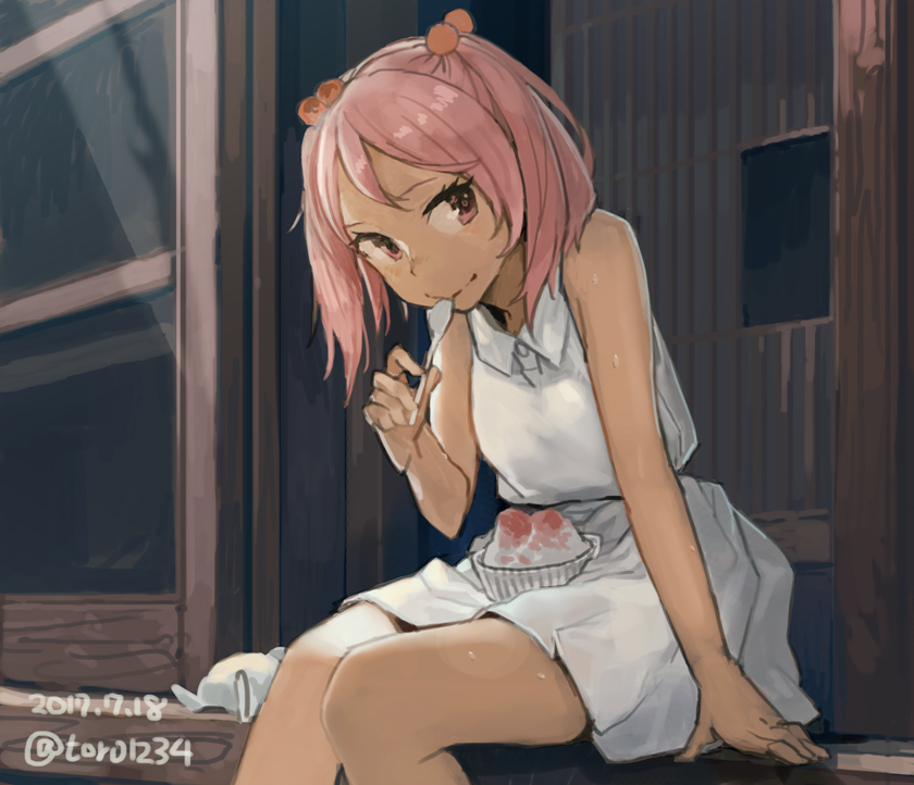 1girl alternate_costume arm_support closed_mouth collared_shirt cowboy_shot dated double-parted_bangs food hair_bobbles hair_ornament hand_up holding holding_spoon kantai_collection looking_to_the_side pink_eyes pink_hair sazanami_(kancolle) shaved_ice shirt short_hair sitting skirt sleeveless sleeveless_shirt sliding_doors smile solo spoon sweat toro_(konirio) twitter_username two_side_up white_shirt white_skirt