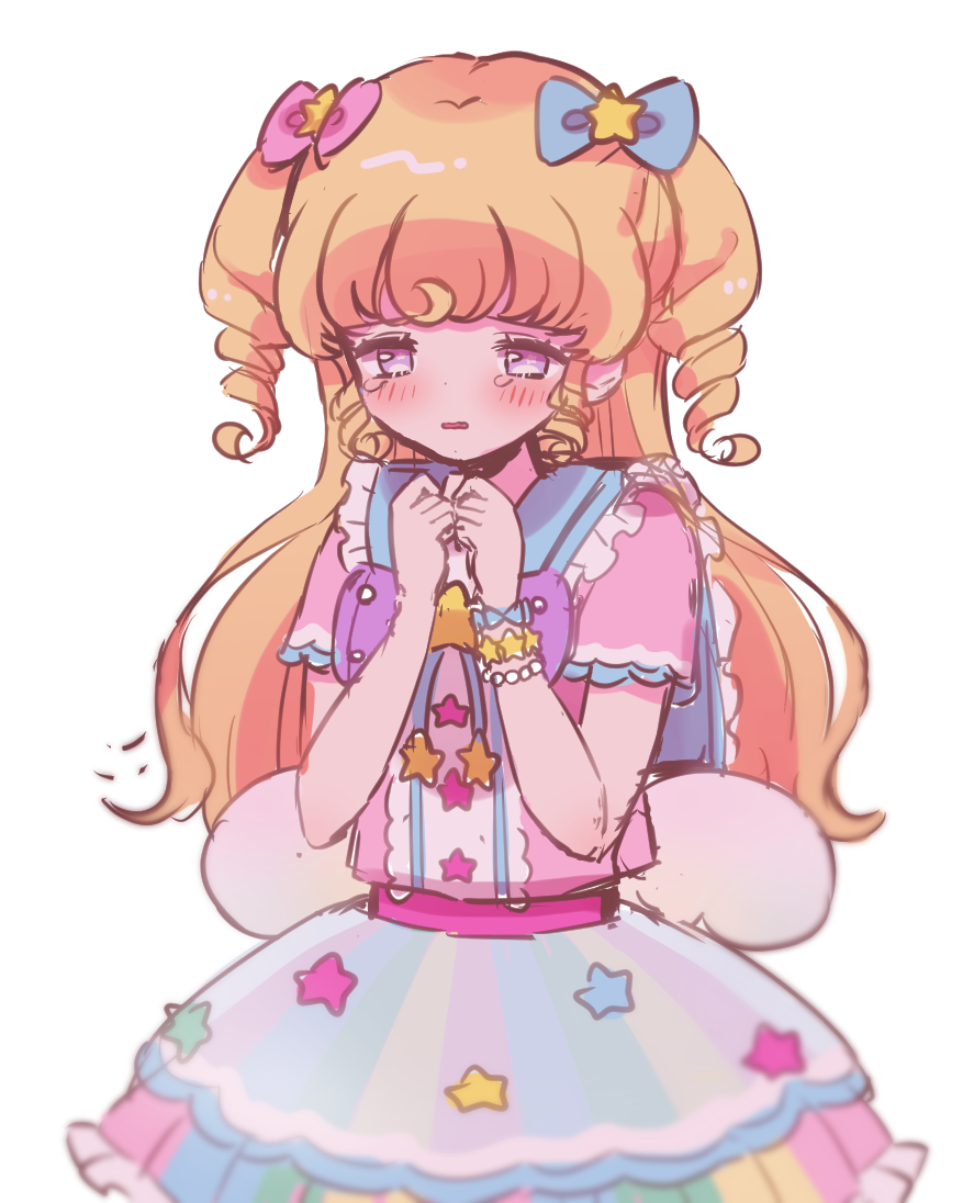1girl blonde_hair blue_bow blush bow bracelet dress hair_bow hair_ornament hands_up hoshikuzu_(pinkholic) idol_clothes idol_time_pripara jewelry long_hair open_mouth pink_bow pink_dress pretty_series pripara ringlets sad short_sleeves simple_background solo standing star_(symbol) star_hair_ornament star_print tearing_up two_side_up violet_eyes white_background yumekawa_yui