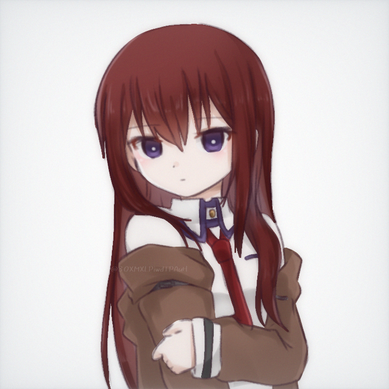 1girl breasts bright_pupils brown_jacket closed_mouth collared_shirt dot_nose expressionless grey_background hair_between_eyes hand_on_own_arm jacket kanzaki_nyo long_hair long_sleeves looking_at_viewer makise_kurisu necktie open_clothes open_jacket red_necktie redhead shirt sidelocks simple_background small_breasts solo steins;gate twitter_username upper_body violet_eyes watermark white_pupils white_shirt