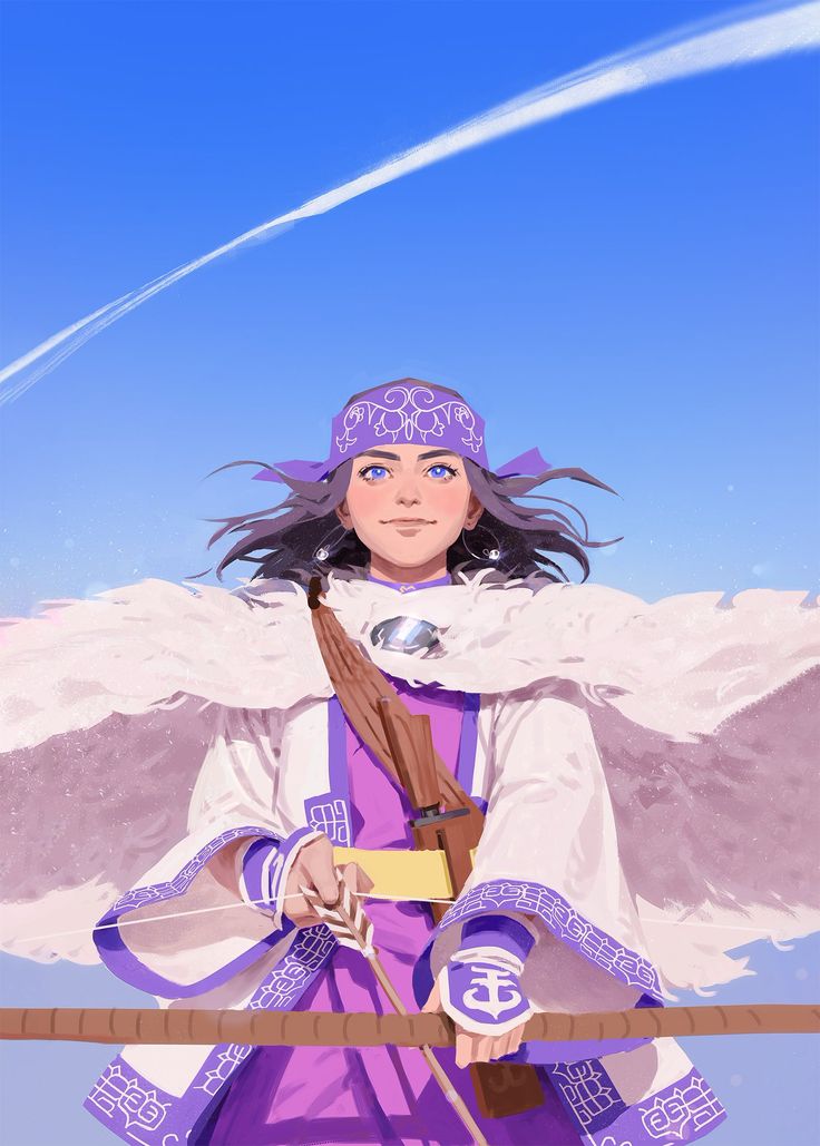 1girl arrow_(projectile) asirpa bad_id bad_twitter_id black_hair blue_sky bow_(weapon) earrings floating_hair golden_kamuy gotong_4 hairband headband holding holding_arrow holding_bow_(weapon) holding_weapon jewelry looking_ahead purple_hairband sky smile solo upper_body weapon
