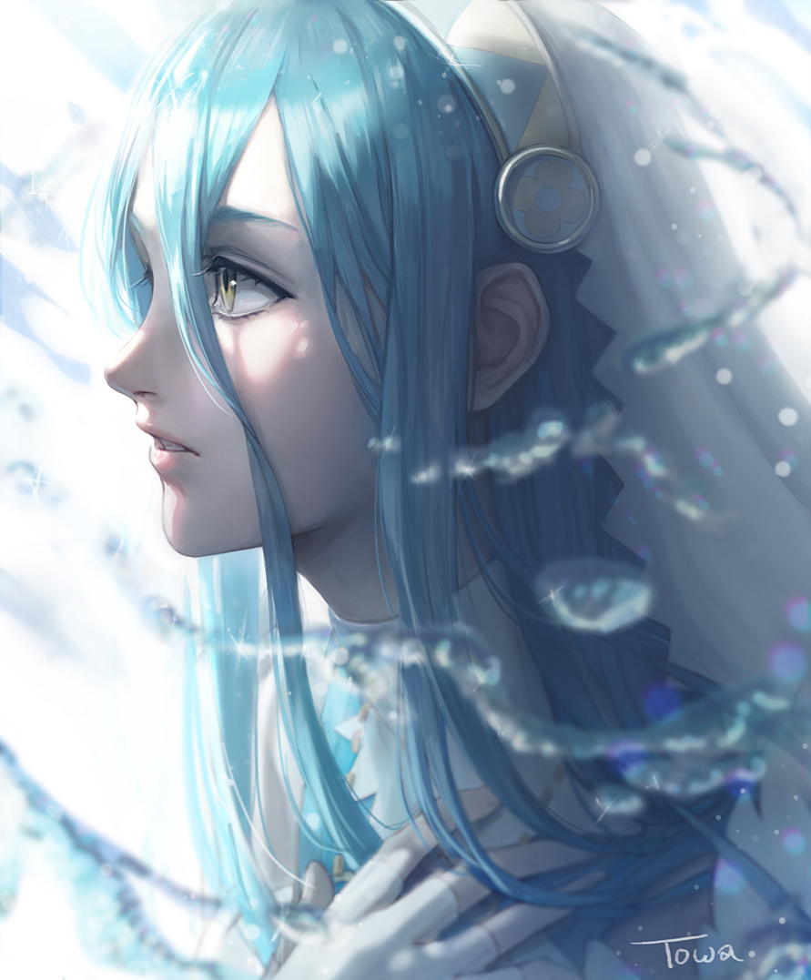 1girl artist_name azura_(fire_emblem) blue_hair commentary_request detached_collar fingerless_gloves fire_emblem fire_emblem_fates gloves hair_between_eyes hydrokinesis kazuko_(towa) lips long_hair parted_lips pink_lips simple_background solo veil very_long_hair water white_background white_gloves yellow_eyes