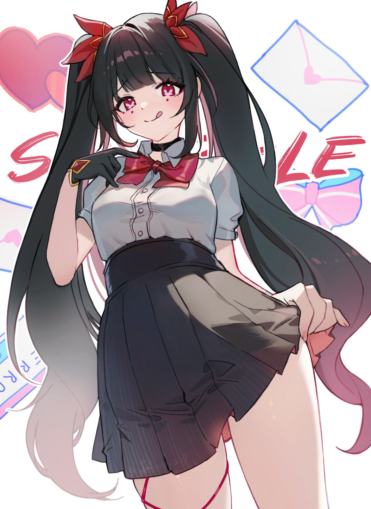 1girl :q black_choker black_gloves black_skirt blush bow bowtie breasts character_name choker closed_mouth collared_shirt contrapposto cowboy_shot gloves hair_bow hand_on_own_hip hand_up heart high-waist_skirt highres honkai:_star_rail honkai_(series) ji_yue legs_apart long_hair looking_at_viewer love_letter medium_breasts miniskirt multicolored_hair nail_polish pink_bow pink_bowtie pink_eyes pink_hair pink_nails pleated_skirt raised_eyebrows red_bow shirt shirt_tucked_in sidelocks simple_background single_glove skirt smile solo sparkle_(honkai:_star_rail) streaked_hair thick_thighs thighs tongue tongue_out twintails very_long_hair white_background