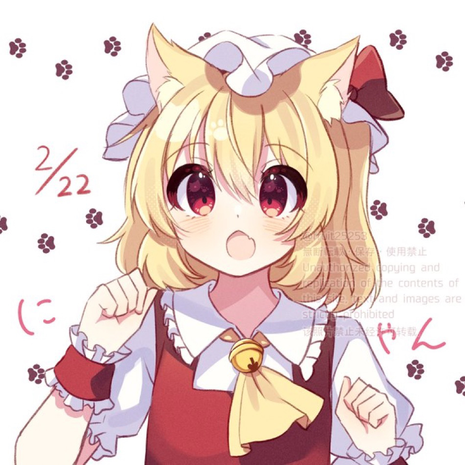 1girl animal_ears ascot bell blonde_hair cat_ears cat_girl dated dress fang flandre_scarlet hat hat_ribbon kudamono25253 mob_cap neck_bell open_mouth paw_pose paw_print puffy_short_sleeves puffy_sleeves red_dress red_ribbon ribbon short_sleeves skin_fang solo touhou upper_body yellow_ascot