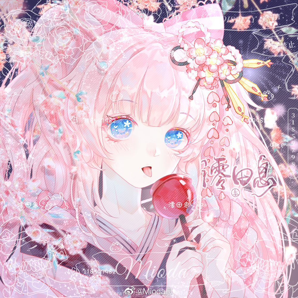 1girl artist_name black_ribbon blue_eyes bow candy_apple chinese_commentary colored_eyelashes commentary_request commission fireworks floral_background flower flower_in_eye food hair_bow hair_flower hair_ornament hair_ribbon heart heart_in_eye holding holding_food japanese_clothes kimono licking_candy_apple light_blush long_hair long_sleeves mioda_xi nail_polish night night_sky open_mouth original outdoors pink_bow pink_flower pink_hair pink_kimono pink_nails pink_ribbon ribbon sample_watermark sky solo symbol_in_eye tongue twintails upper_body watermark weibo_username