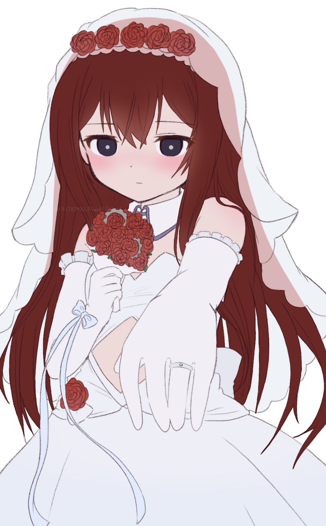 1girl :| bare_shoulders black_eyes blush bouquet bridal_veil bright_pupils closed_mouth clothing_cutout cowboy_shot detached_collar dot_nose dress elbow_gloves expressionless flat_chest flower flower_wreath frilled_gloves frills gloves hair_between_eyes head_wreath highres holding holding_bouquet kanzaki_nyo long_hair looking_at_viewer makise_kurisu reaching reaching_towards_viewer red_flower red_rose redhead rose sidelocks simple_background solo steins;gate stomach_cutout twitter_username veil watermark wedding_dress white_background white_dress white_gloves white_pupils