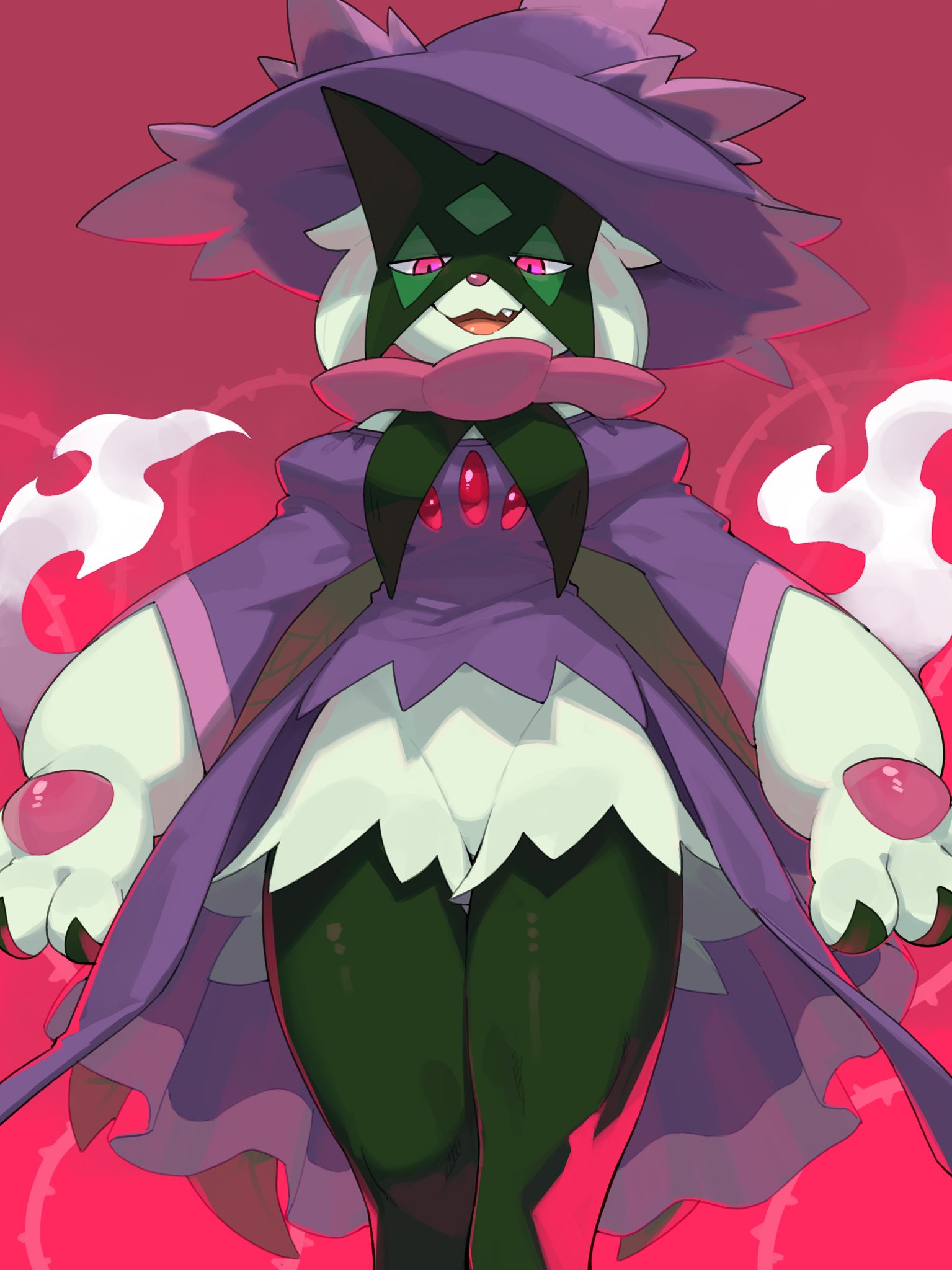 cosplay fusion highres kame_(3t) looking_at_viewer meowscarada mismagius mismagius_(cosplay) open_mouth pink_background pink_eyes pokemon pokemon_(creature) simple_background solo