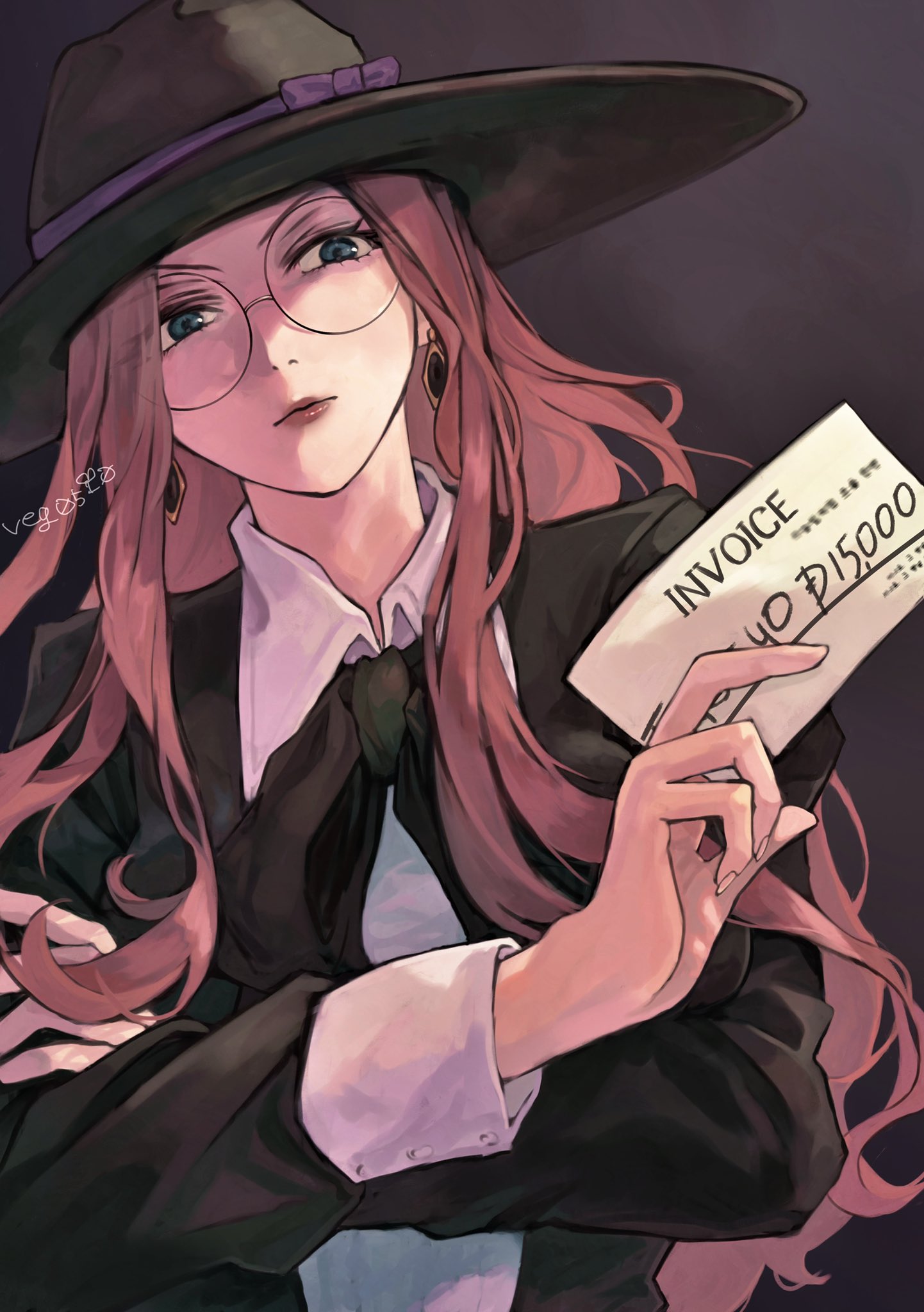 1girl blue_eyes bow brown_hair collared_shirt crossed_arms earrings glasses hat highres holding jacket jewelry lips long_hair long_sleeves miso_(user_kjzc5327) round_eyewear shirt solo spy_x_family sylvia_sherwood upper_body