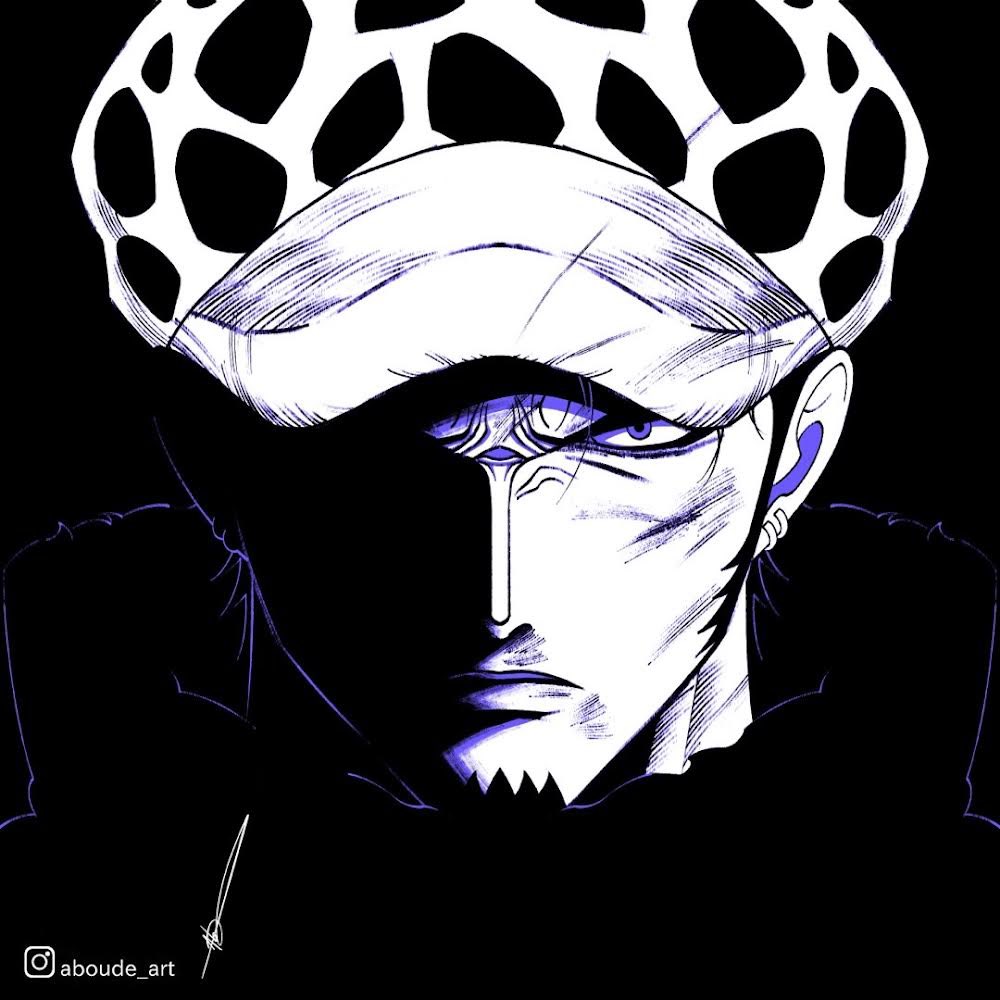 1boy aboude_art artist_name black_hair closed_mouth commentary earrings facial_hair fur_hat goatee hat hoop_earrings instagram_logo instagram_username jewelry limited_palette looking_at_viewer male_focus one_eye_covered one_piece short_hair sideburns signature solo trafalgar_law