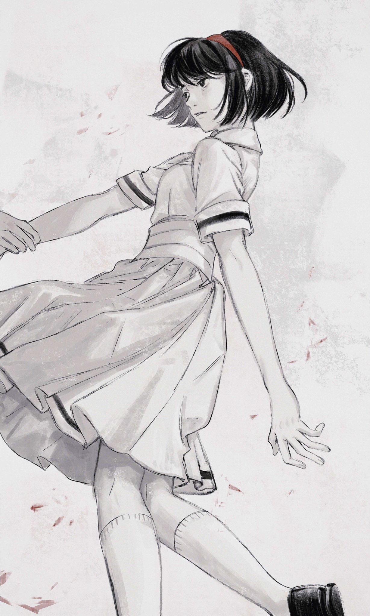 1girl 1other arm_at_side black_eyes black_footwear black_hair falling_petals grey_background hairband highres holding_hands kneehighs looking_at_another machihazure original pale_skin parted_lips petals pleated_skirt red_hairband shoes short_hair short_sleeves skirt socks standing standing_on_one_leg white_skirt white_socks