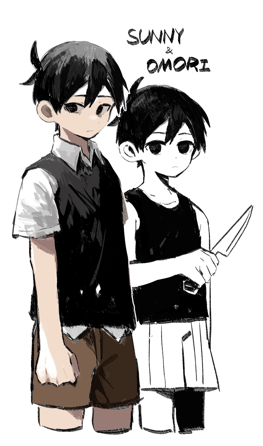 2boys antenna_hair arm_at_side arms_at_sides bare_shoulders black_eyes black_hair black_sweater_vest black_tank_top brown_shorts character_name closed_mouth collared_shirt colored_skin cropped_legs dual_persona expressionless highres holding holding_knife knife looking_at_viewer multiple_boys no_pupils omori omori_(omori) shirt short_hair short_sleeves shorts sleeveless south_ac sunny_(omori) sweater_vest tank_top white_background white_shorts white_skin white_sleeves