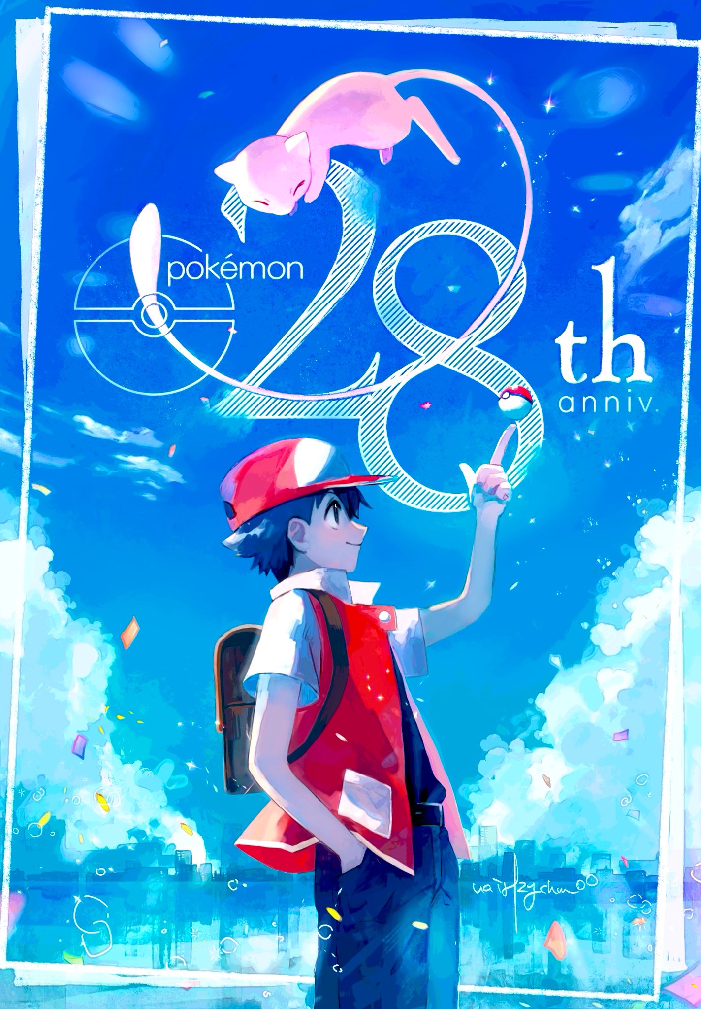 1boy anniversary black_hair black_shirt closed_mouth clouds commentary day hand_in_pocket hanenbo hat highres index_finger_raised jacket male_focus mew_(pokemon) outdoors pants poke_ball poke_ball_(basic) pokemon pokemon_(creature) pokemon_rgby red_(pokemon) red_headwear shirt short_hair sky smile