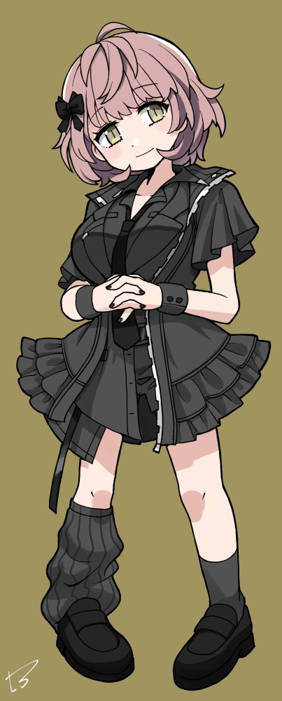 1girl asymmetrical_legwear black_dress black_footwear black_jacket black_nails black_necktie black_ribbon black_socks blush bow breasts brown_hair closed_mouth collarbone dot_nose dress full_body green_background hair_bow hair_ribbon hands_up idolmaster idolmaster_shiny_colors idolmaster_shiny_colors_song_for_prism ikuta_haruki jacket loafers looking_at_viewer loose_socks medium_breasts nail_polish necktie open_clothes open_jacket own_hands_together ribbon shoes short_hair short_sleeves signature simple_background smile socks solo standing t3_(t3only) uneven_legwear yellow_eyes zipper