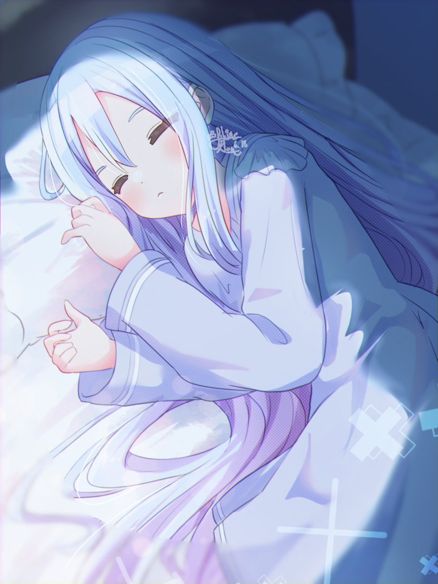 bed blue_hair blush closed_eyes highres long_hair on_bed project_sekai shikinexion sleeping sleepwear sunlight very_long_hair yoisaki_kanade