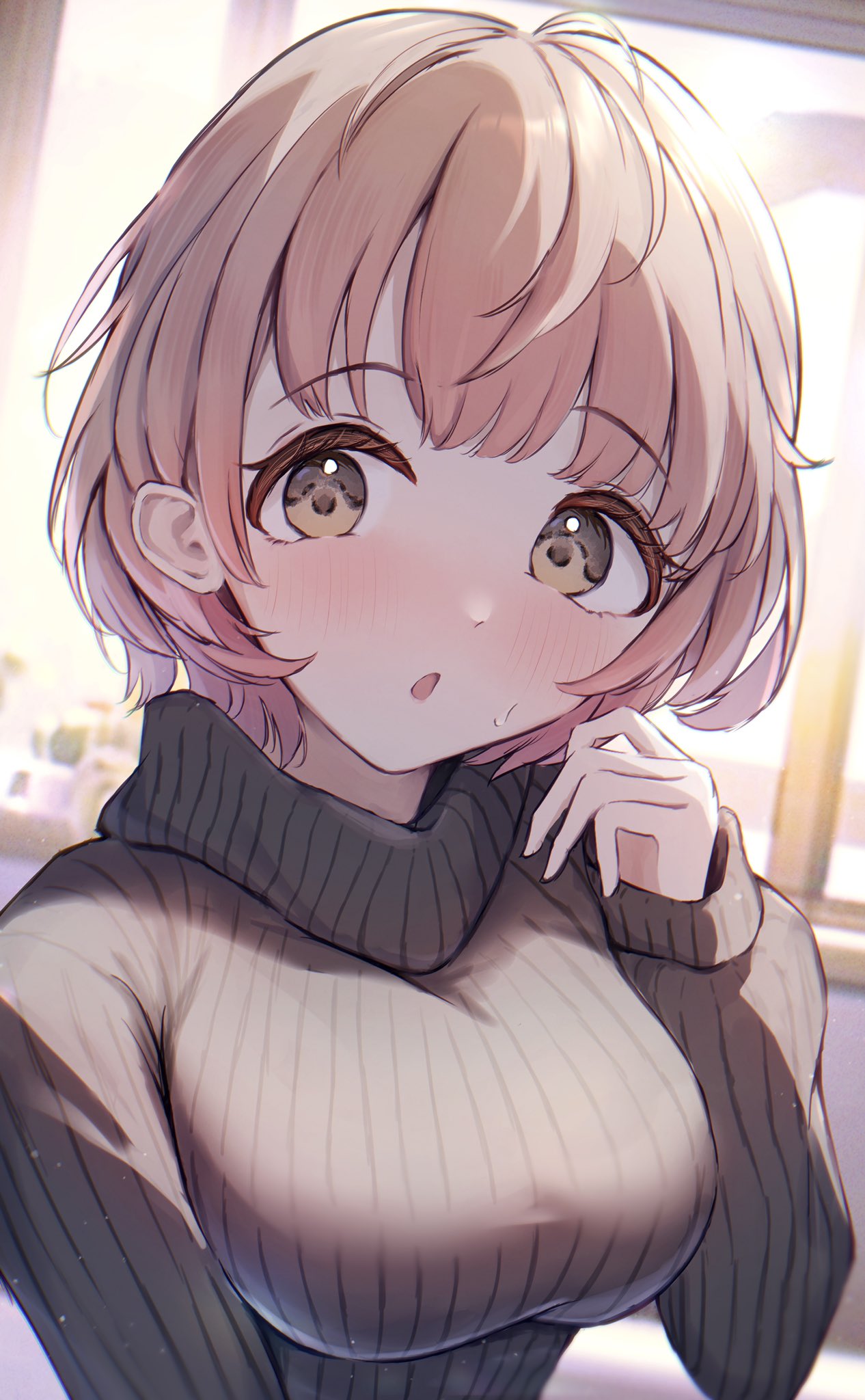 1girl black_sweater blush breasts brown_hair chestnut_mouth coffee_upa dot_nose hand_up highres idolmaster idolmaster_shiny_colors idolmaster_shiny_colors_song_for_prism ikuta_haruki indoors long_sleeves looking_at_viewer medium_breasts short_hair solo sweatdrop sweater turtleneck turtleneck_sweater upper_body window yellow_eyes