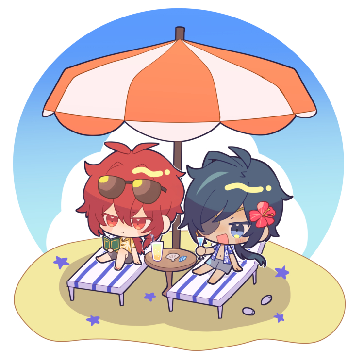 2boys :&lt; :d antenna_hair beach_chair beach_umbrella black_shorts blue_eyes blue_hair blue_shirt blue_sky blush blush_stickers book chair chibi closed_mouth clouds collared_shirt commentary_request crossed_bangs cup dark-skinned_male dark_skin day diluc_(genshin_impact) drinking_glass drinking_straw eyepatch eyewear_on_head flip-flops floral_print flower frown genshin_impact grey_shorts hair_between_eyes hair_flower hair_intakes hair_ornament hawaiian_shirt hibiscus holding holding_book holding_cup kaeya_(genshin_impact) koma_(km_mmmk) long_hair low_ponytail male_focus multicolored_hair multiple_boys navel on_chair one_eye_covered open_book open_clothes open_mouth open_shirt orange_shirt outdoors palm_tree_print parted_bangs ponytail print_shirt red_eyes red_flower redhead sand sandals seashell shade shell shirt short_sleeves shorts sidelocks simple_background sitting sky smile star_(symbol) starfish streaked_hair sunglasses swept_bangs table tropical_drink umbrella unworn_sandals white_background white_footwear