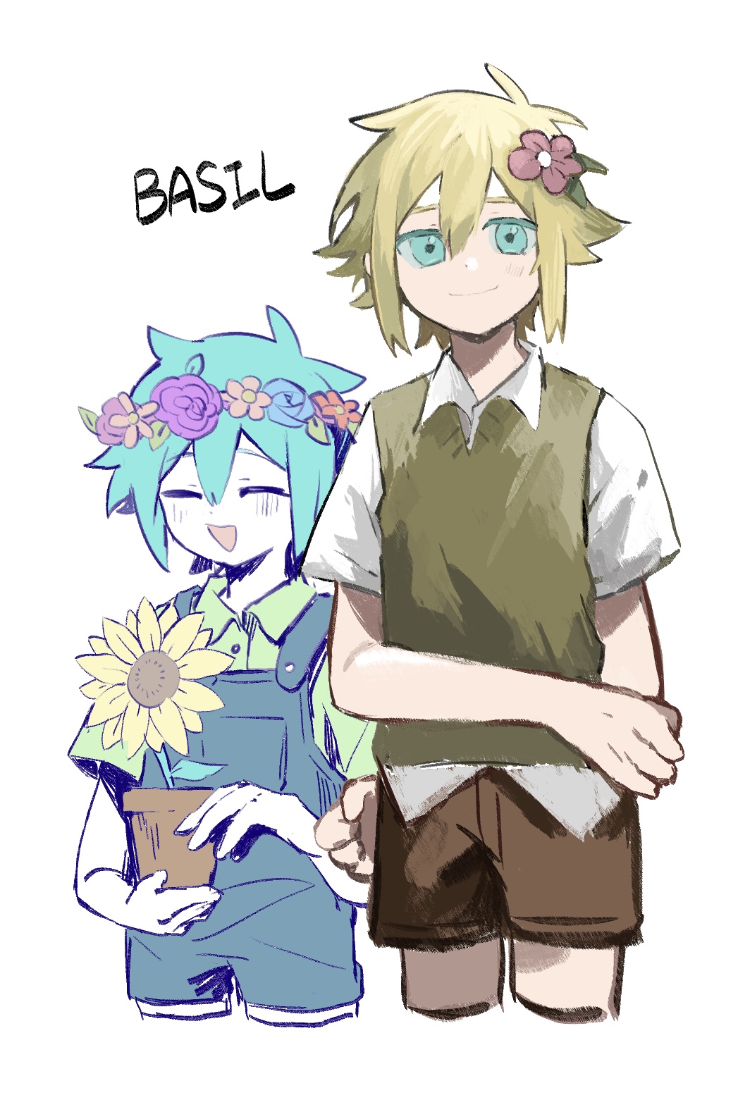2boys antenna_hair aqua_eyes aqua_hair basil_(faraway)_(omori) basil_(headspace)_(omori) basil_(omori) blonde_hair blue_overalls brown_shorts character_name closed_eyes closed_mouth collared_shirt colored_eyelashes colored_skin cropped_legs dual_persona flower flower_pot green_shirt green_sweater_vest hair_between_eyes hair_flower hair_ornament hand_on_own_arm head_wreath highres holding holding_flower_pot multiple_boys omori overall_shorts overalls pink_flower shirt short_hair short_sleeves shorts smile south_ac sunflower sweater_vest white_background white_shirt white_skin