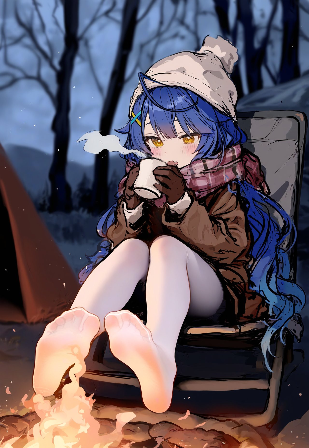 1girl amamiya_kokoro beanie blue_hair breathing campfire cup feet hair_ornament hat highres holding holding_cup long_hair nijisanji outdoors peeporose scarf snow tent thigh-highs tree twintails virtual_youtuber white_thighhighs yellow_eyes