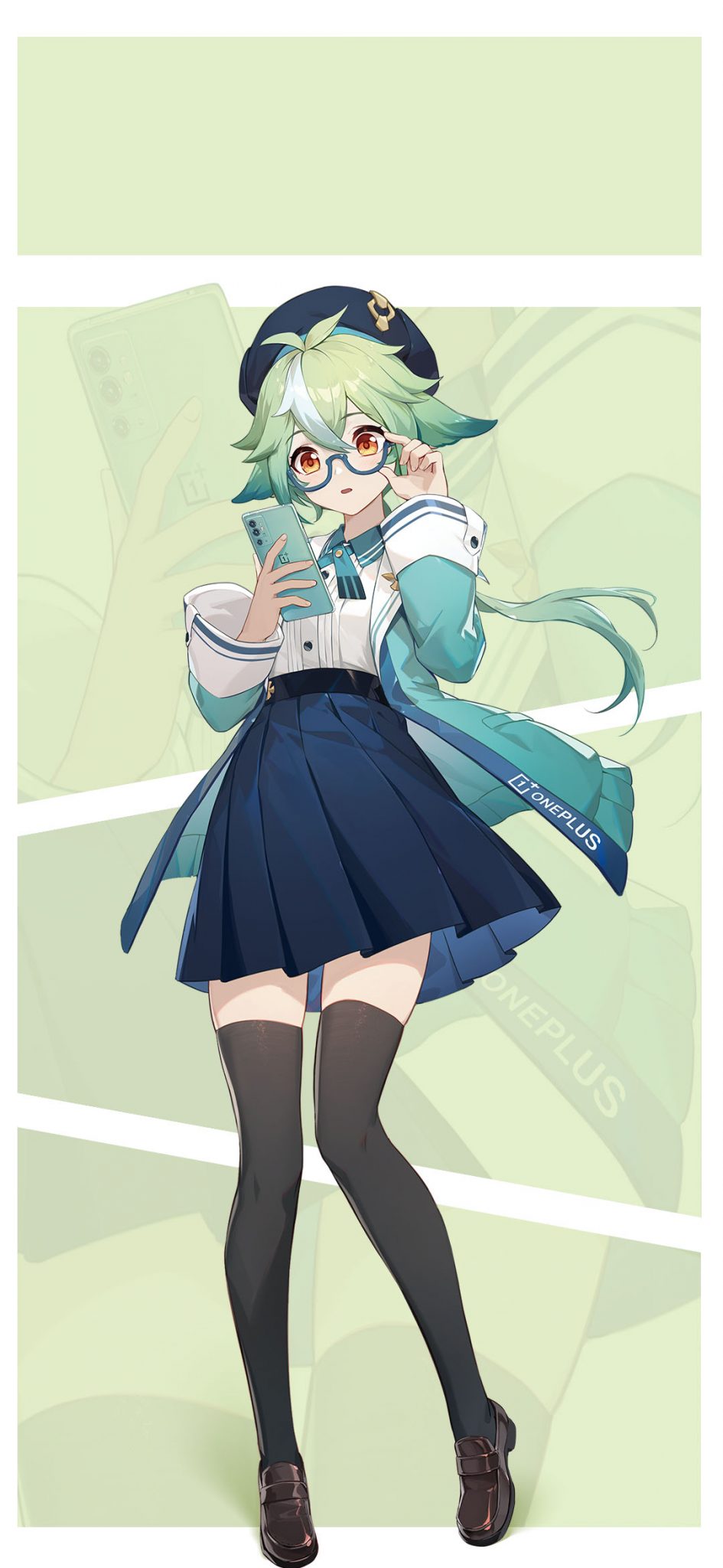 1girl animal_ears black_headwear blue_skirt brown_footwear cellphone collaboration floating_hair full_body genshin_impact glasses green-framed_eyewear green_hair green_jacket hand_up highres holding holding_phone jacket loafers long_hair long_sleeves looking_at_phone low_ponytail official_alternate_costume official_art open_clothes open_jacket parted_lips phone shirt shoes simple_background skirt smartphone solo standing sucrose_(genshin_impact) sucrose_(oneplus)_(genshin_impact) white_shirt zettai_ryouiki zoom_layer