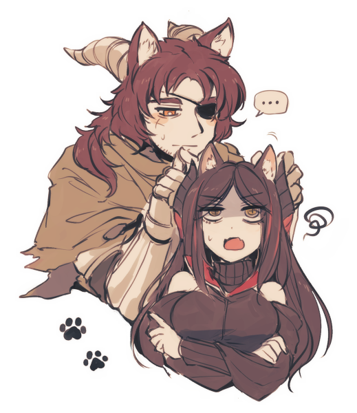 +_+ 1boy 1girl adjusting_hair arknights bare_shoulders black_hair black_sweater brown_shawl cat_boy cat_girl closed_mouth cropped_torso crossed_arms eyepatch fang gloves hetero hoederer_(arknights) horns ines_(arknights) kemonomimi_mode lari_lab looking_at_another looking_at_viewer multicolored_hair open_mouth parted_bangs paw_print redhead ribbed_sweater shaded_face shawl simple_background skin_fang smile square_mouth squiggle streaked_hair sweatdrop sweater turtleneck turtleneck_sweater white_background white_gloves yellow_eyes