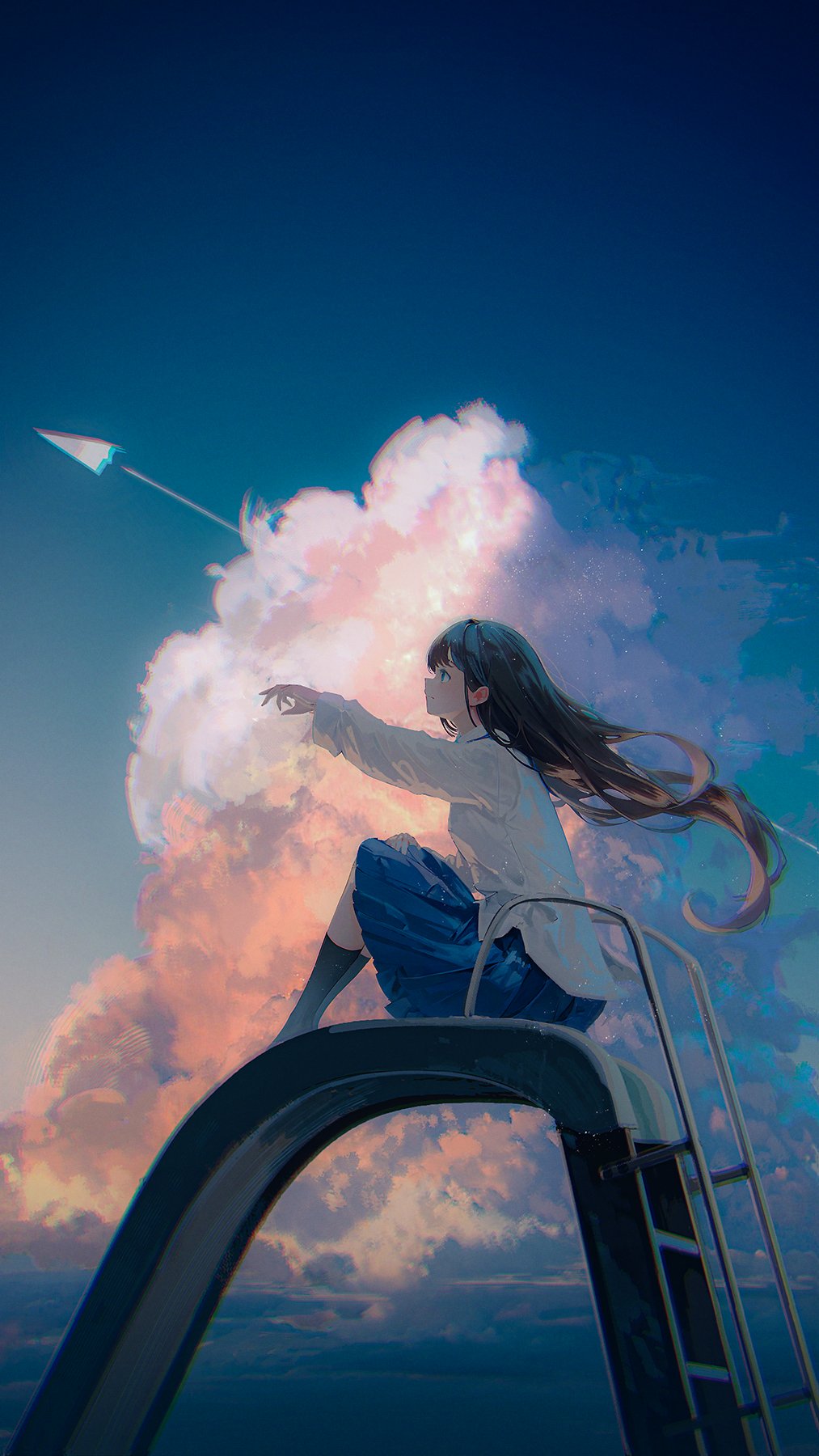 1girl black_socks blue_eyes blue_skirt blue_sky brown_hair chocoshi closed_mouth clouds commentary_request contrail cumulonimbus_cloud floating_hair from_side highres kneehighs knees_up long_hair long_sleeves looking_up original outdoors outstretched_arm paper_airplane pleated_skirt profile school_uniform shirt sitting skirt sky slide socks solo untucked_shirt very_long_hair white_shirt