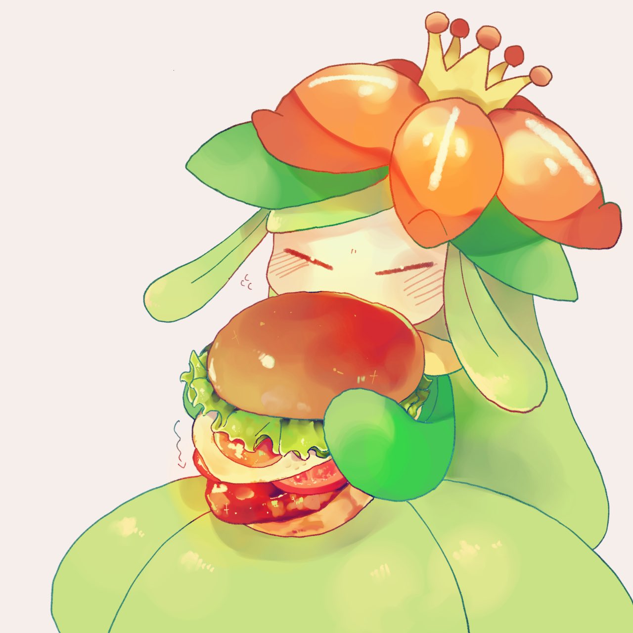 1girl blush burger closed_eyes food highres holding_burger kujira_0823 lettuce lilligant monster_girl plant_girl pokemon pokemon_(creature) simple_background solo white_background