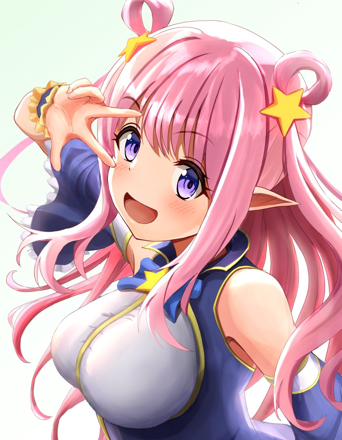 1girl breasts detached_sleeves elf hair_ornament hair_rings hatsune_(princess_connect!) highres large_breasts long_hair marimo_(midiina) open_mouth pink_hair pointy_ears princess_connect! sidelocks smile solo star_(symbol) star_hair_ornament violet_eyes