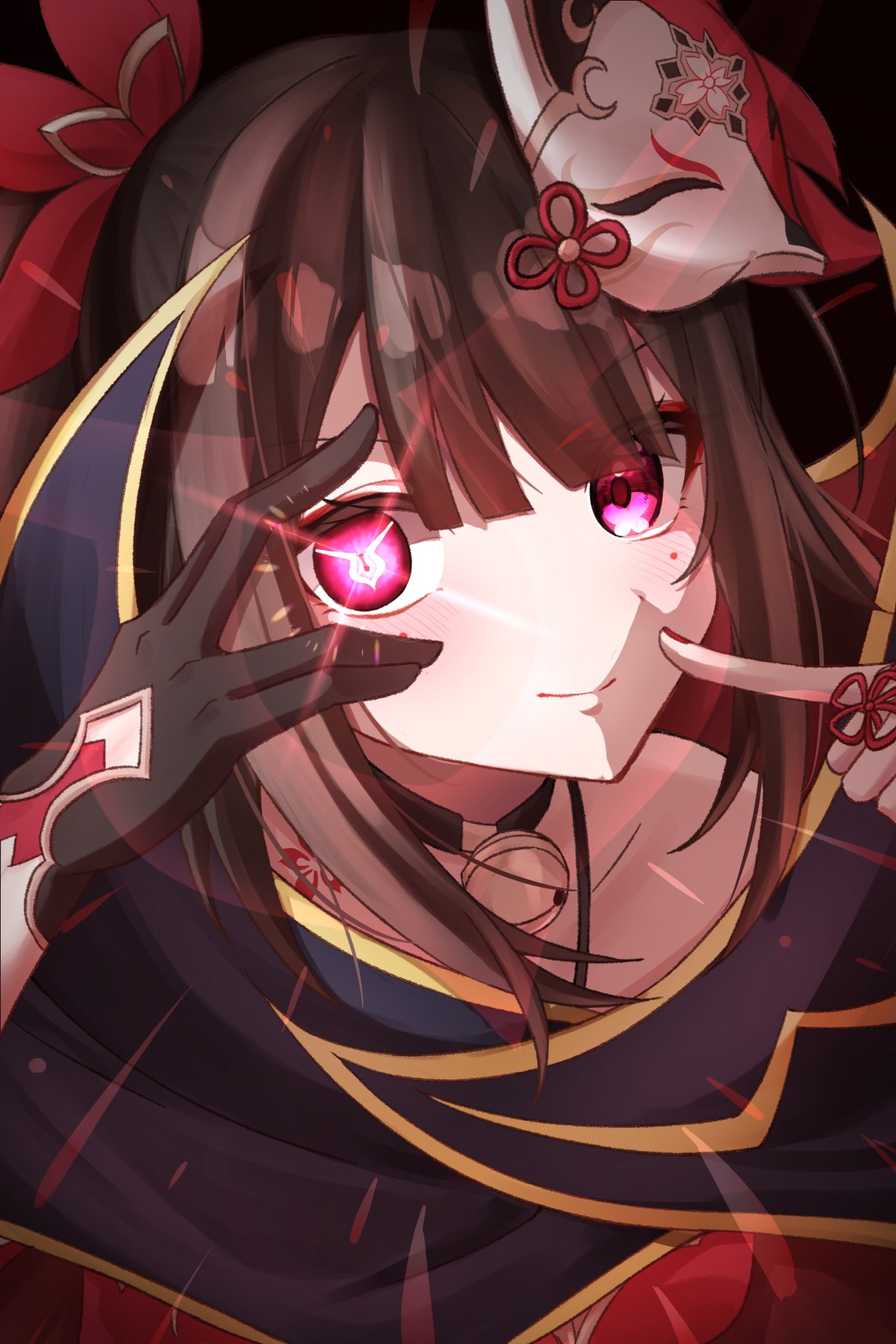 1girl bell black_choker blush bow brown_hair choker close-up closed_mouth collarbone finger_to_mouth fox_mask glint glowing glowing_eye hair_between_eyes hair_bow highres honkai:_star_rail honkai_(series) index_finger_raised looking_at_viewer mask mask_on_head neck_bell pink_eyes portrait red_bow shayaka_(sya_0_0) smile solo sparkle_(honkai:_star_rail) twintails v_over_eye