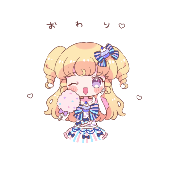1girl ;d blonde_hair blue_bow blue_dress blush bow chibi cotton_candy cropped_legs dress food hair_bow hand_on_own_cheek hand_on_own_face holding holding_food hoshikuzu_(pinkholic) idol_clothes idol_time_pripara long_hair looking_at_viewer one_eye_closed open_mouth pretty_series pripara ringlets simple_background smile solo star_(symbol) two_side_up violet_eyes white_background yumekawa_yui
