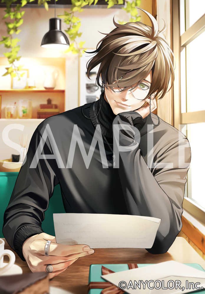 1boy black_sweater booth_seating box brown_hair cake cake_slice chocolate_cake closed_mouth copyright_notice cup eyewear_strap food gift gift_box glasses green_eyes hair_over_one_eye hanging_light head_rest head_tilt holding holding_paper jewelry jug_(bottle) letter long_sleeves looking_at_viewer male_focus mole mole_under_eye multiple_rings natsuko_(bluecandy) nijisanji official_art oliver_evans paper plant reed_diffuser ring sample_watermark saucer shelf short_hair smile straight-on sweater table teacup turtleneck turtleneck_sweater upper_body vines virtual_youtuber watermark window wooden_table