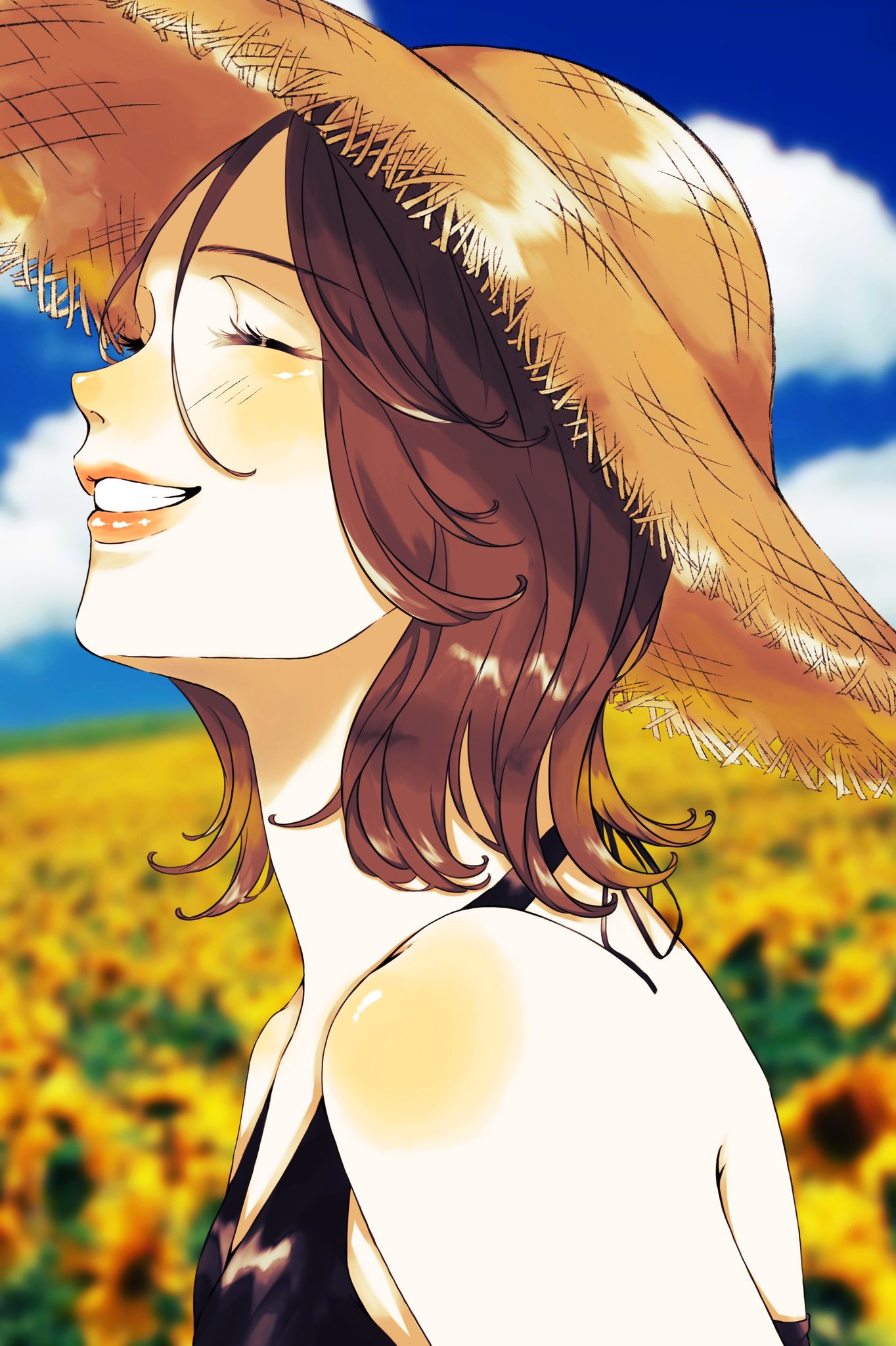 1girl bare_shoulders black_shirt blush brown_hair closed_eyes clouds commentary day facing_away field flower flower_field from_side halterneck hat highres nose_blush open_mouth original outdoors shim_46 shirt short_hair shoulder_blush simple_background sky smile solo straw_hat sun_hat sunflower sunflower_field teeth upper_body yellow_flower
