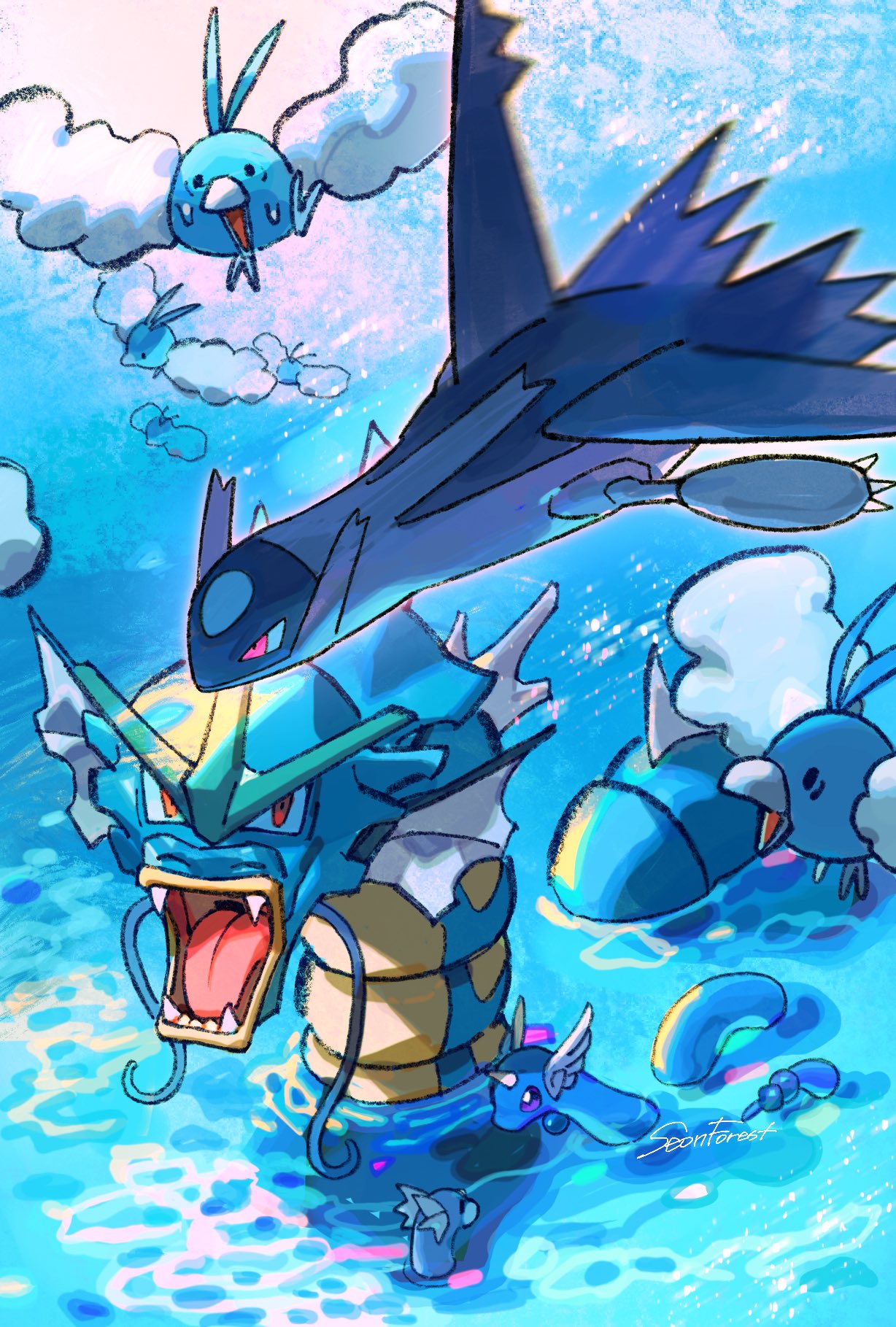 animal_focus bird_tail blue_skin blue_theme bright_pupils claws clouds colored_skin commentary_request dragonair dratini fins flying gyarados head_fins head_wings highres horns korean_commentary latias no_humans open_mouth outdoors pokemon pokemon_(creature) red_eyes seonforest sharp_teeth single_horn solid_oval_eyes swablu sweat tail teeth water white_pupils wings