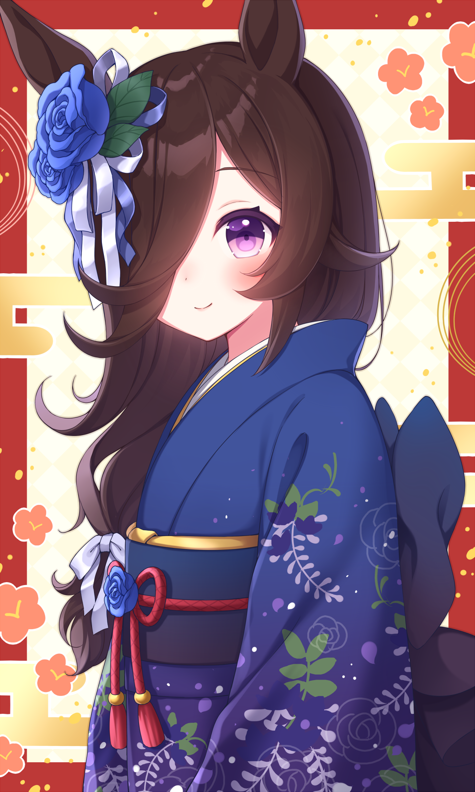 1girl animal_ears back_bow blue_flower blue_kimono blue_rose blush bow brown_hair closed_mouth commentary_request cowboy_shot egasumi floral_print floral_print_kimono flower from_side furisode hair_flower hair_ornament hair_over_one_eye highres horse_ears japanese_clothes kimono long_bangs long_hair looking_at_viewer obi patchouli_knowledge rice_shower_(umamusume) rose sanotsuki sash smile solo umamusume violet_eyes