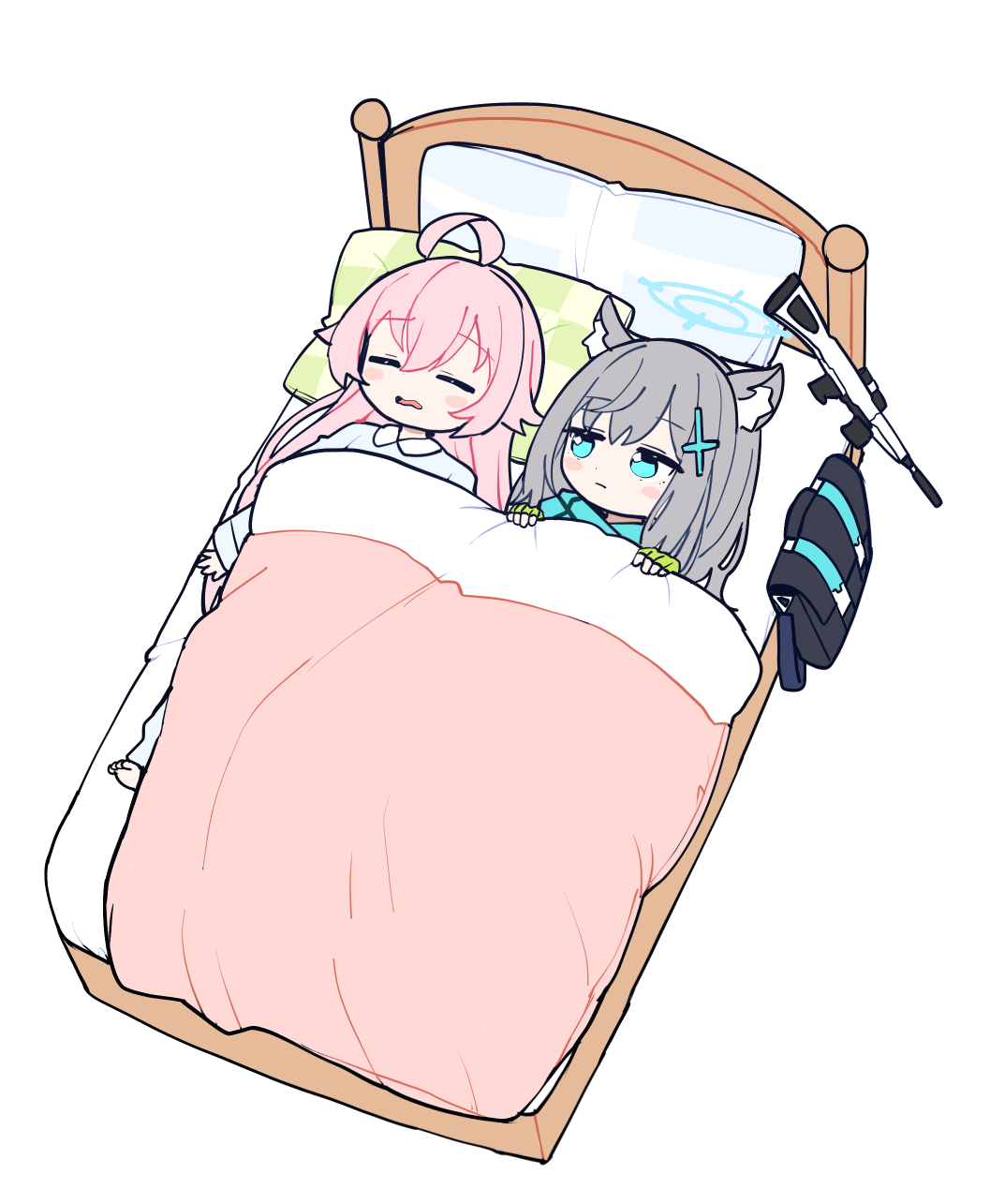 2girls ahoge animal_ear_fluff animal_ears bed bed_sheet blue_archive blue_eyes blue_halo blue_pajamas blue_scarf blush_stickers closed_eyes closed_mouth cross_hair_ornament extra_ears fingerless_gloves gloves green_gloves grey_hair gun hair_between_eyes hair_ornament halo highres hoshino_(blue_archive) long_hair long_sleeves lying medium_hair morotake multiple_girls on_back open_mouth pajamas pillow pink_hair scarf shiroko_(blue_archive) simple_background weapon white_background wolf_ears